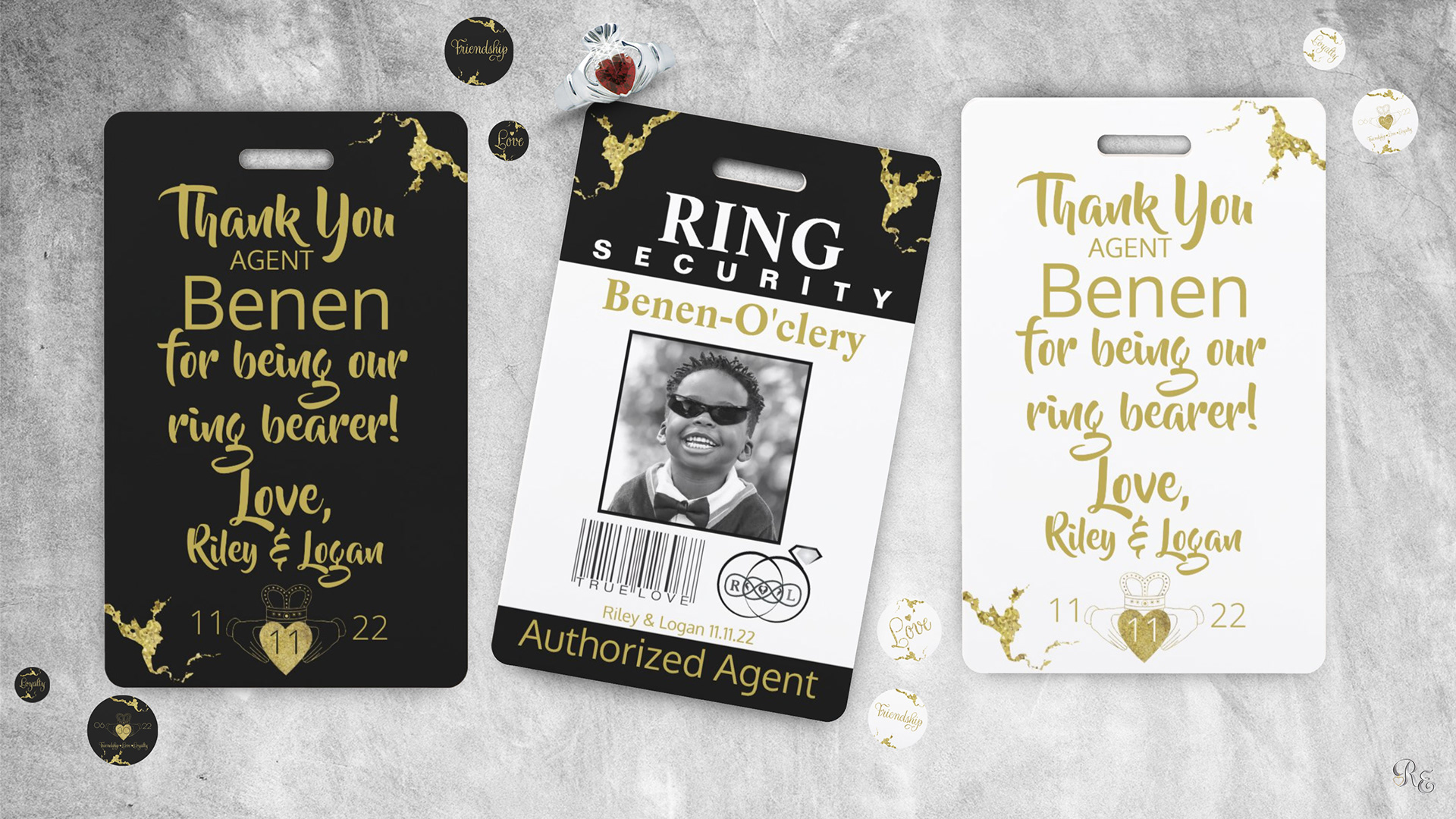 New gold claddagh ring security Ring Bearer badges in black or white or your choice of color