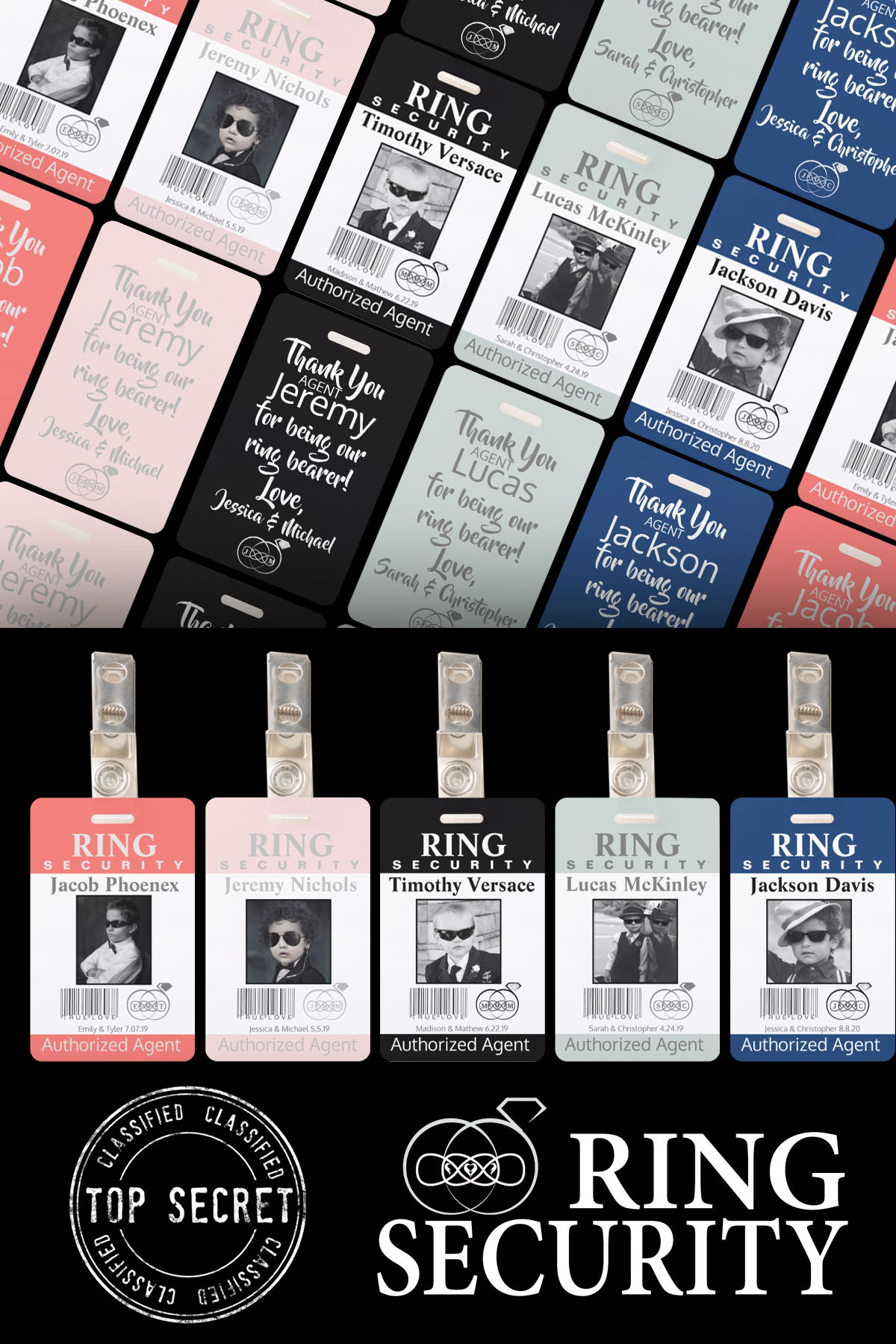 ring bearer security badges "all colors" available.