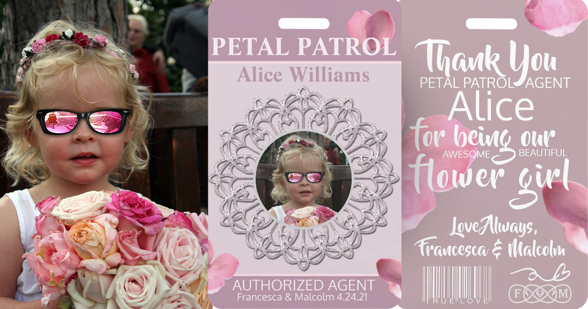 easy to personalize petal patrol flower girl badges