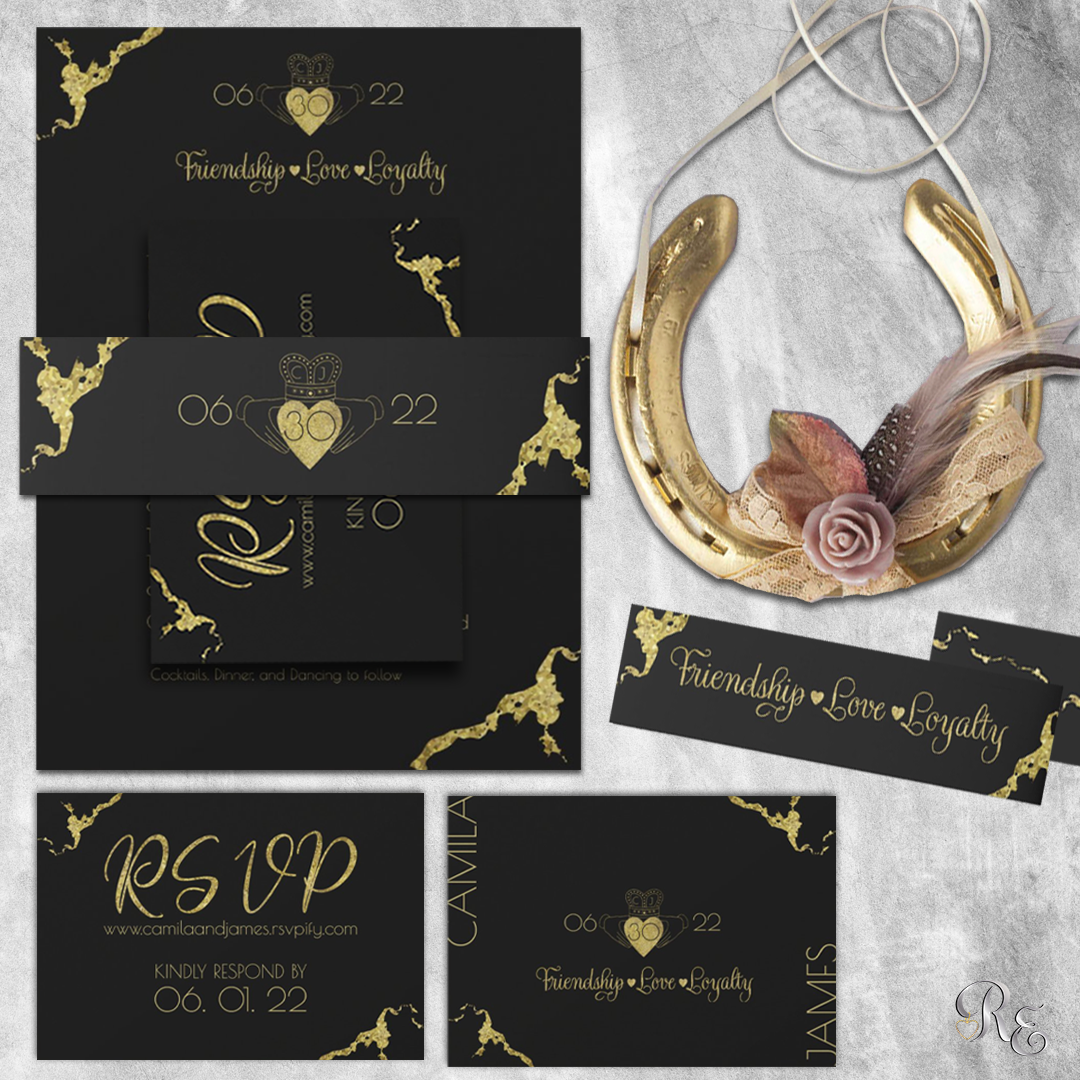 black and gold invitations with matching belly band