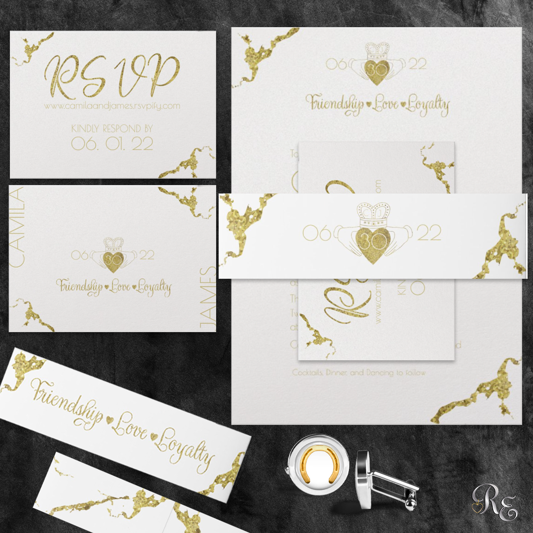 white and gold invitations with matching belly band
