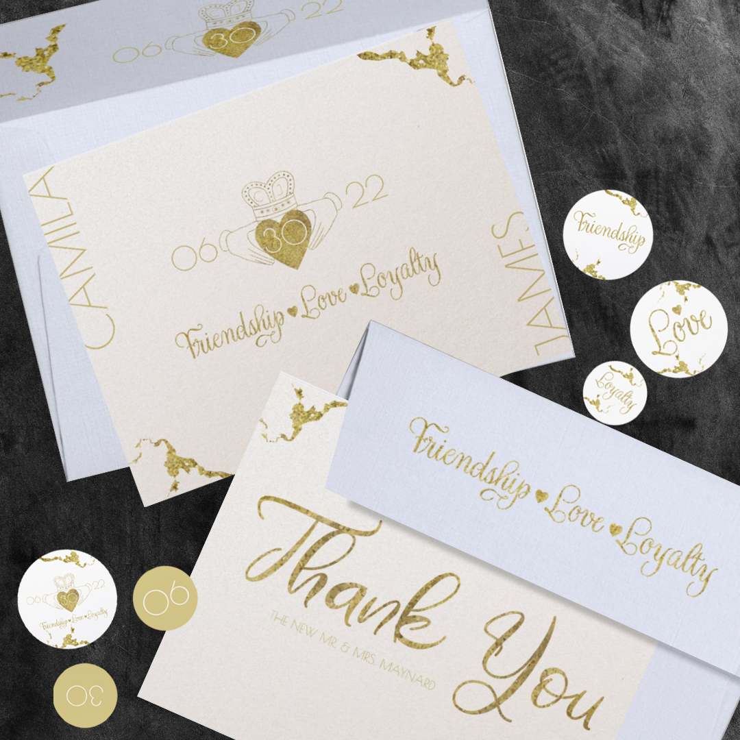 white and gold thank you cards