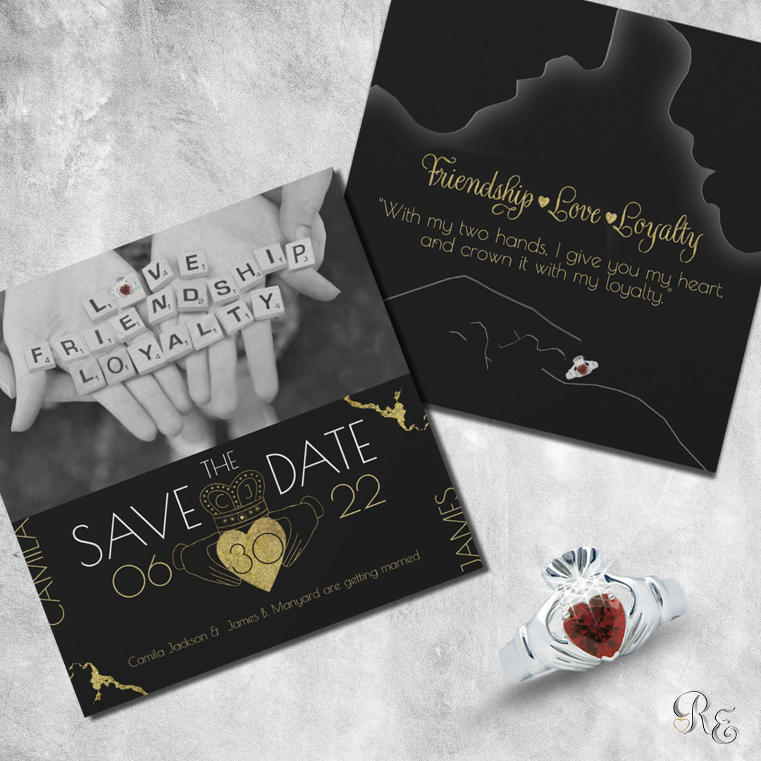 gold claddagh save the date - friendship, love, loyalty