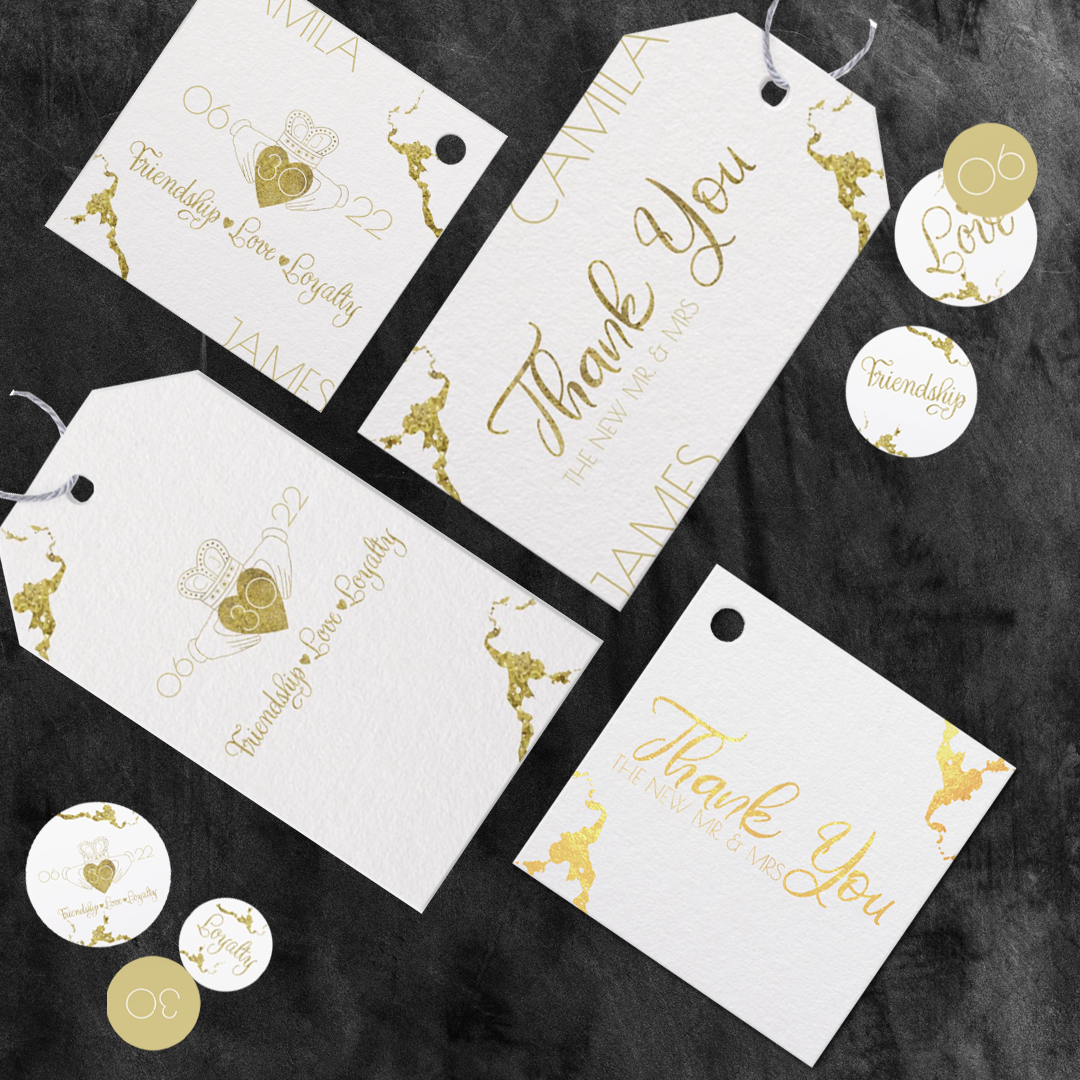white and gold thank you tags