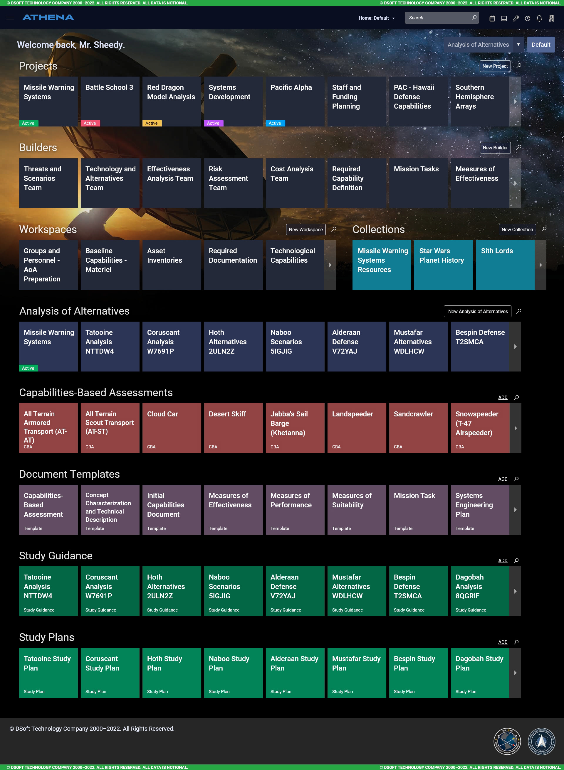 Analysis of Alternatives user's home page screen