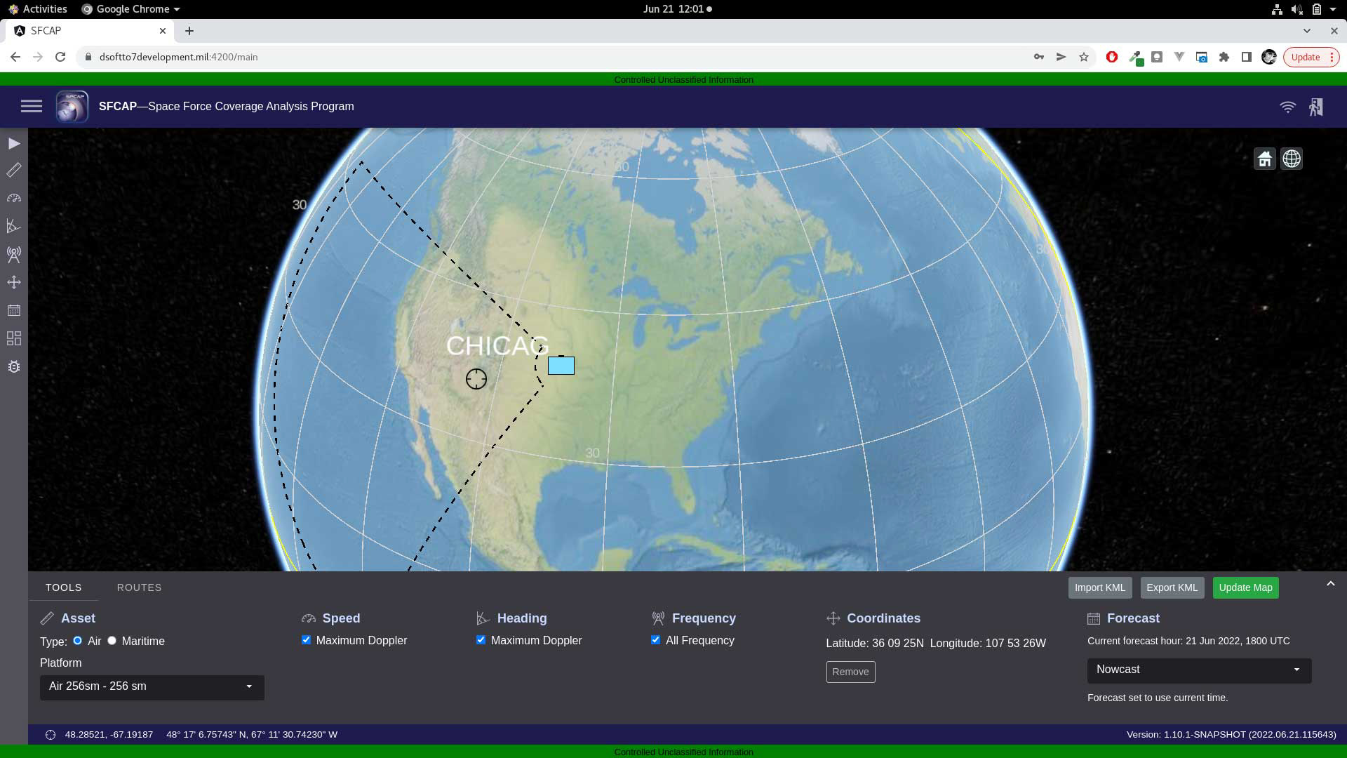 Home page with left rail flyout menu and bottom page drawer controls. CesiumJS globe