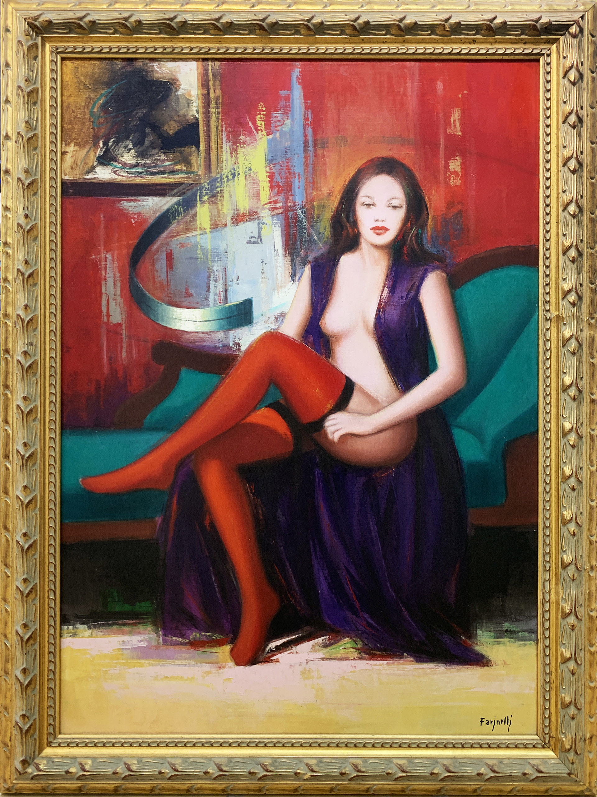 E.Farinelli - Calze Rosse - Olio su Tela - 70x100cm - mis. est. cornice: 86x120cm