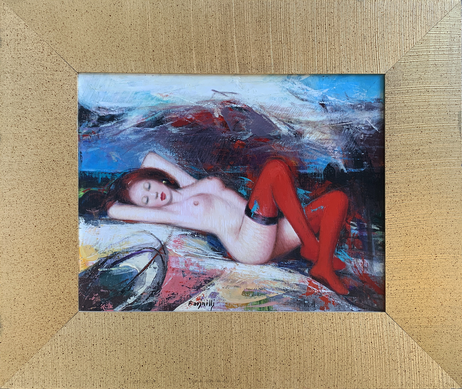 E.Farinelli - Calze Rosse II - Olio su Tela - 50x40cm - mis. est. cornice: 72x63cm