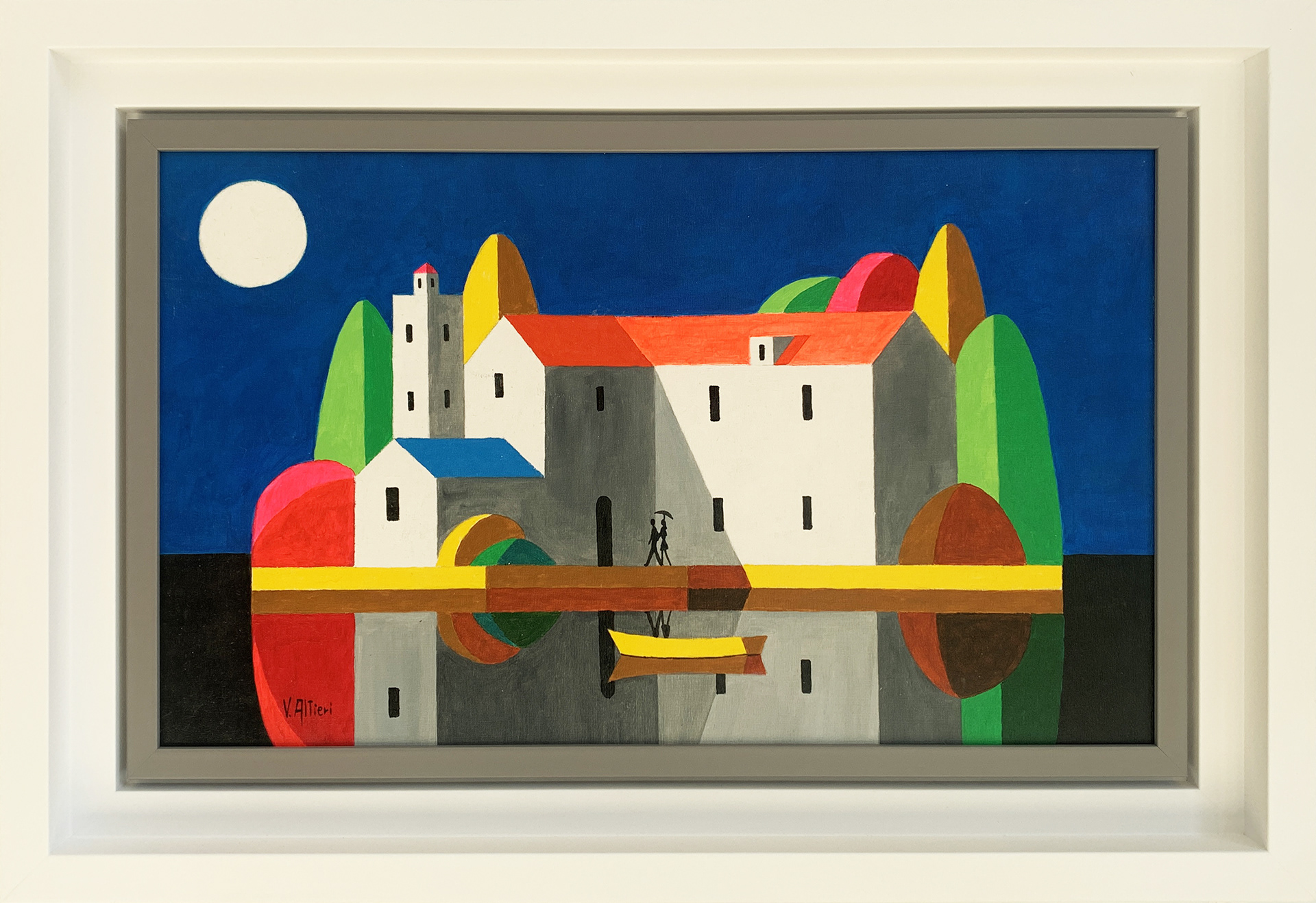 V.Altieri - Riflessi geometrici sul fiume della memoria -  Olio su Tavoletta - 30x50cm - mis. est. cornice: 42x62cm