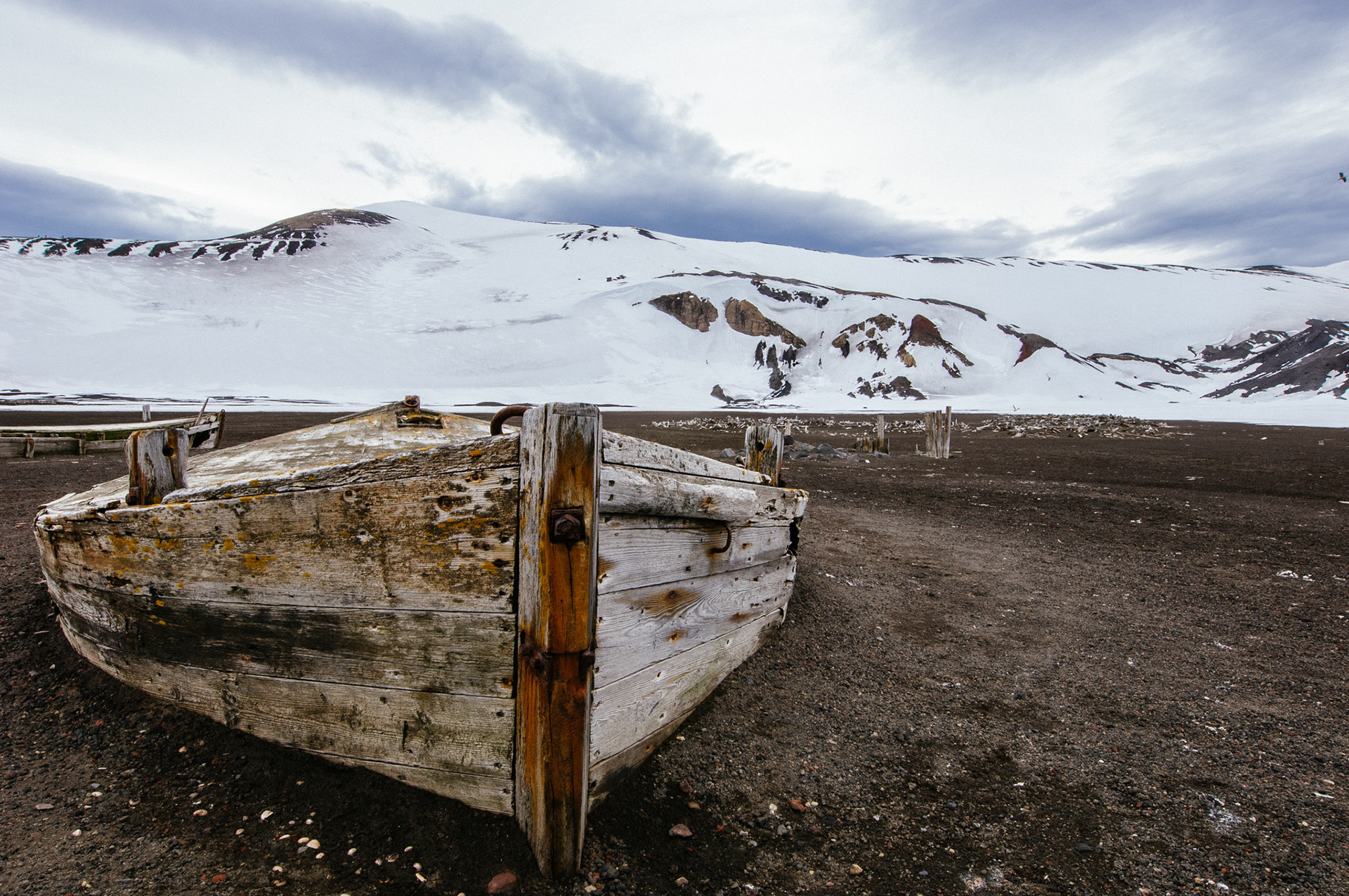 Boat remnant on Deception Island near Antarctica