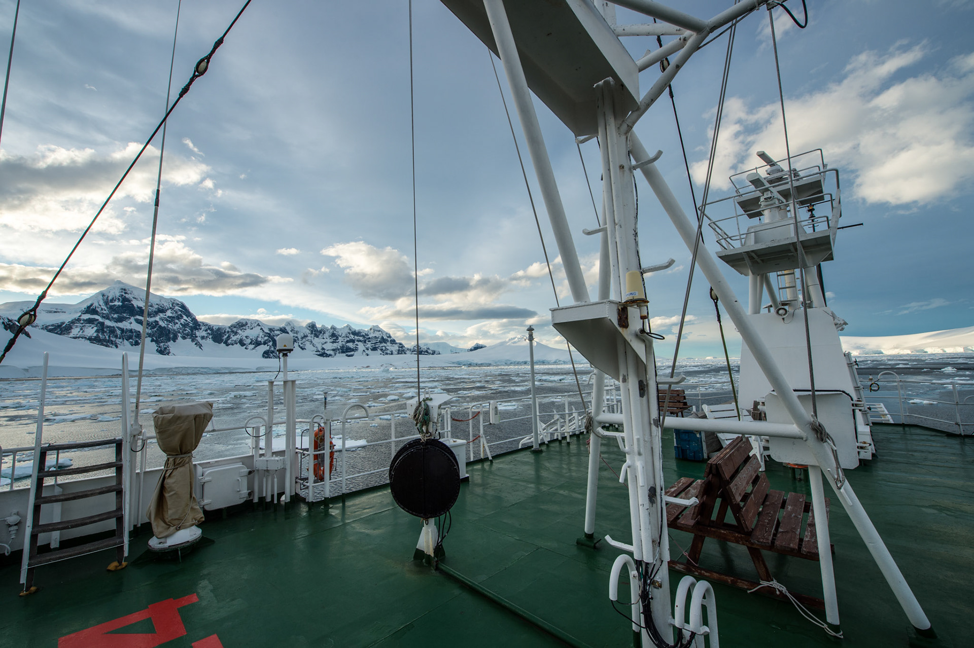 Observation deck of the Polar Pioneer at sunrise, Neumayer Channel, Antarctica