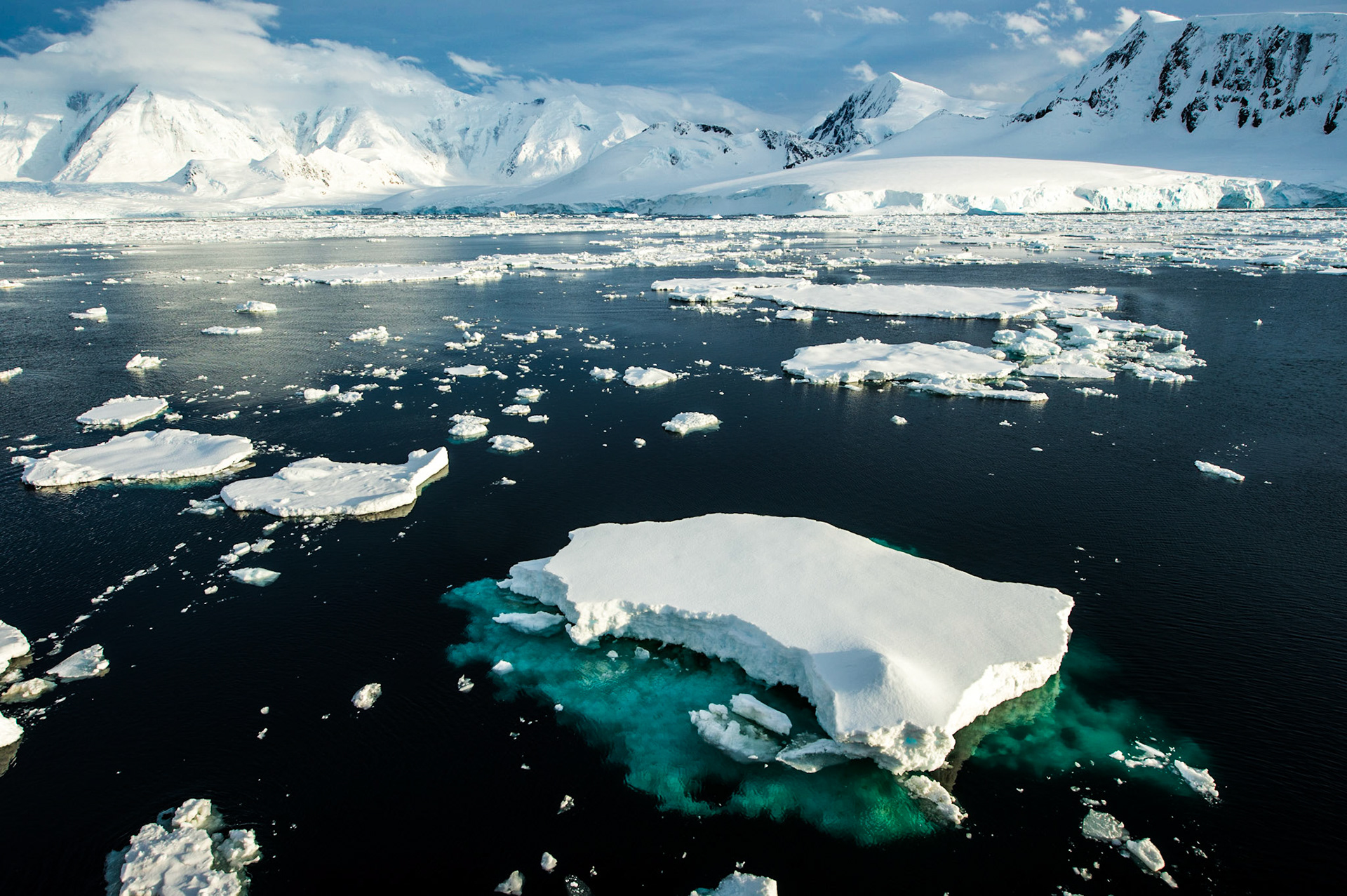 Icebergs and pack ice in the Neumayer Channel, Antarctica
