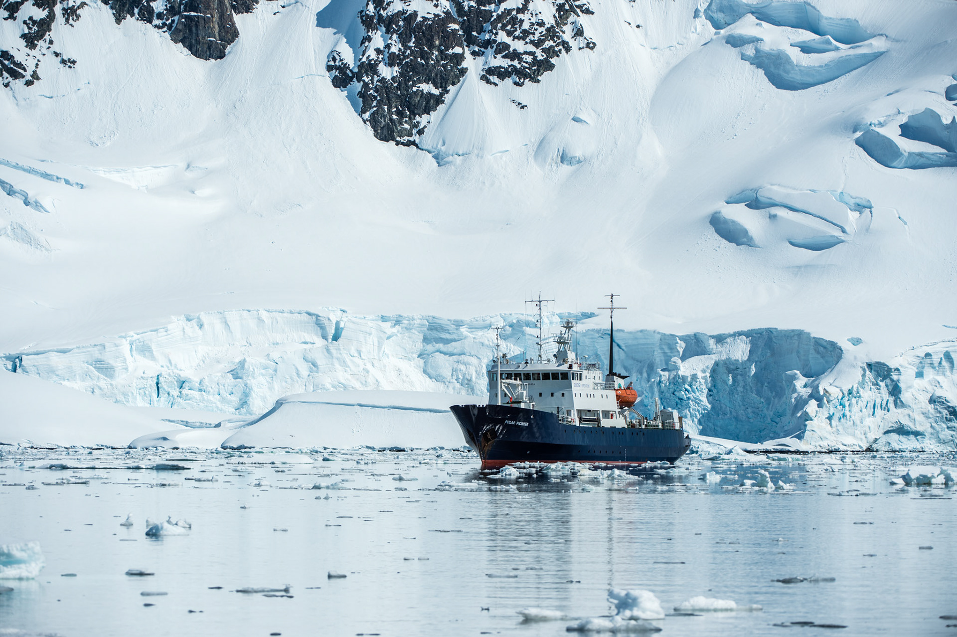 Polar Pioneer anchored in Paradise Harbor, Antarctica