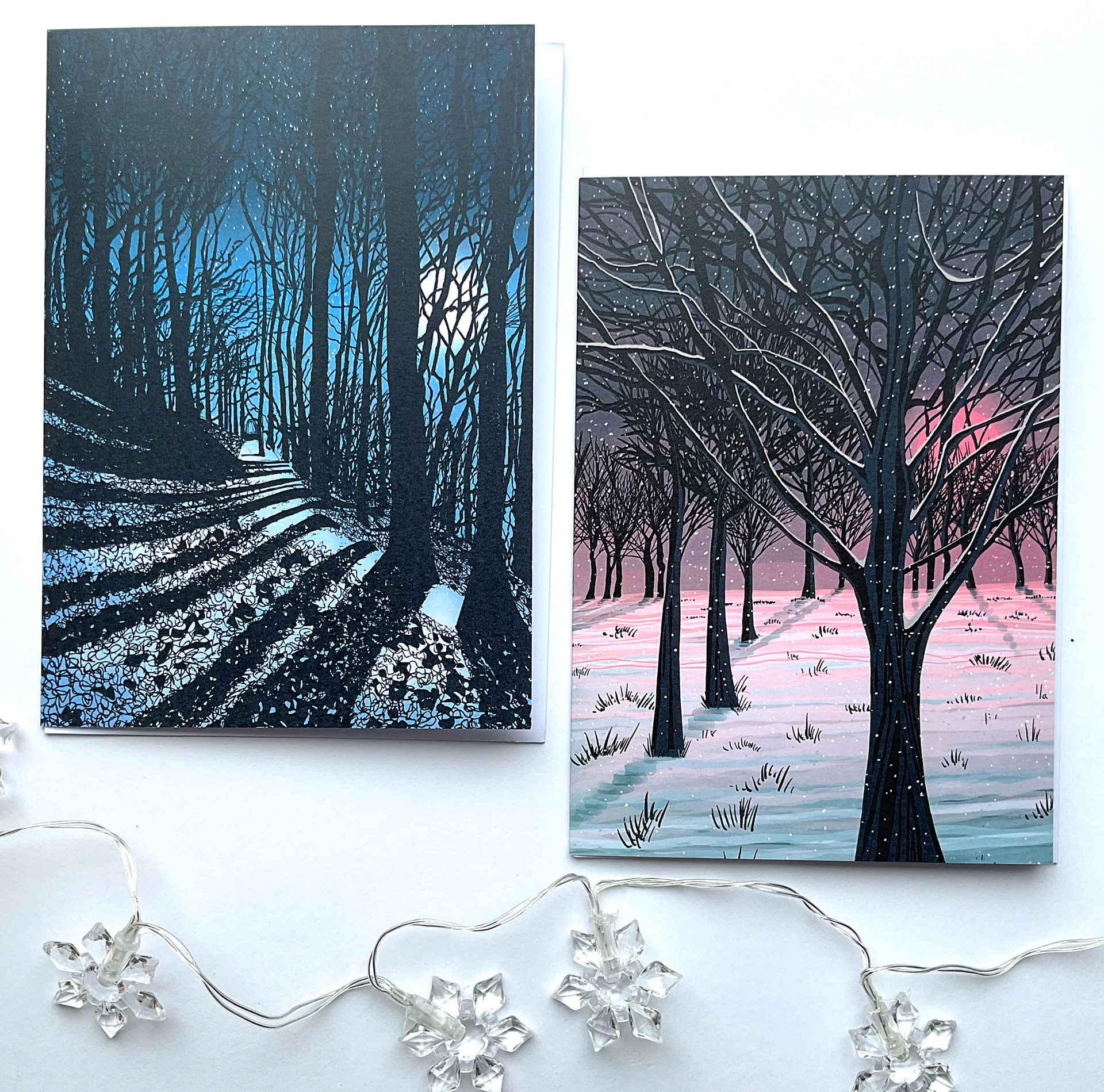 Moonlight through the trees and Sunset Snowfall