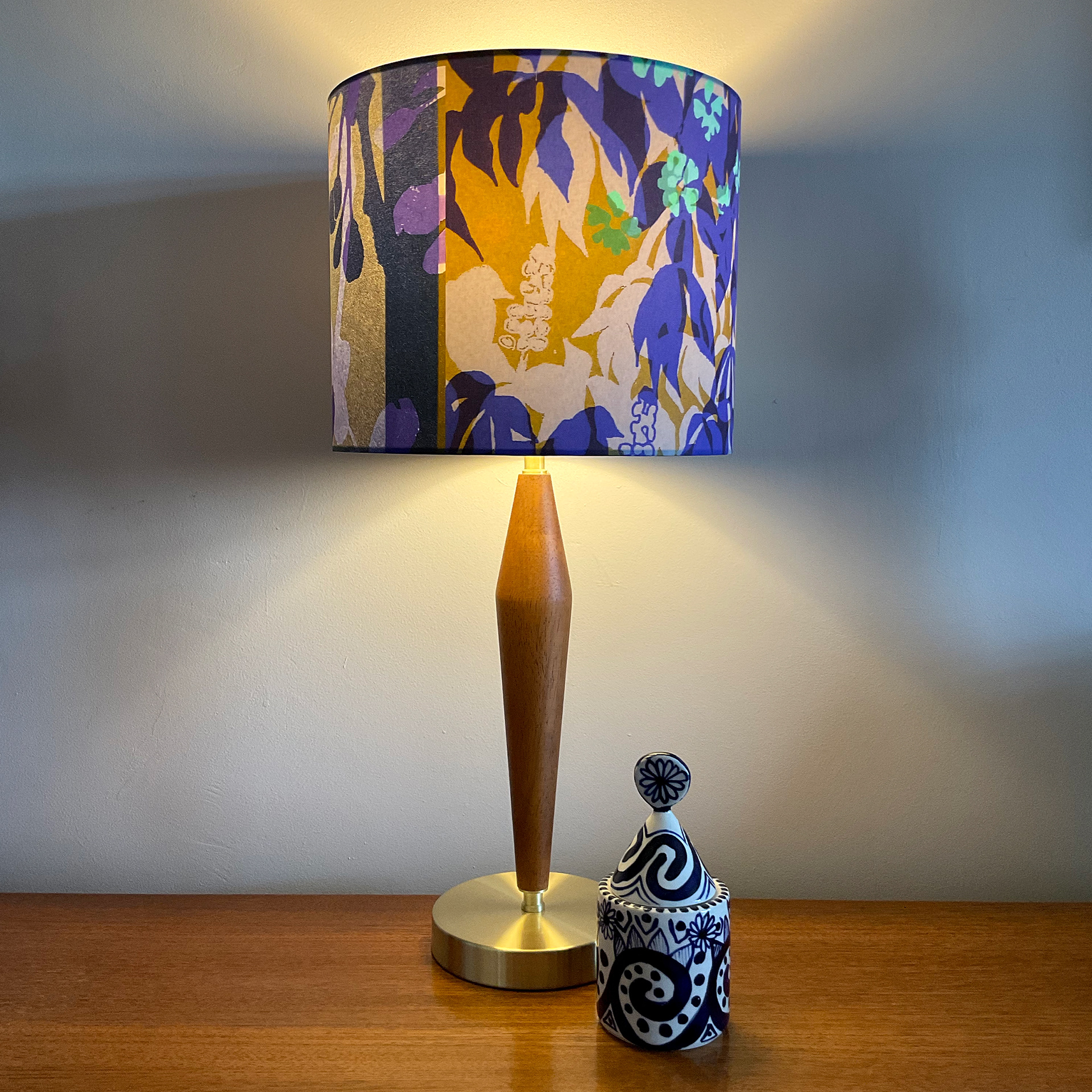Blue leaf abstract drum lampshade, 15cm width