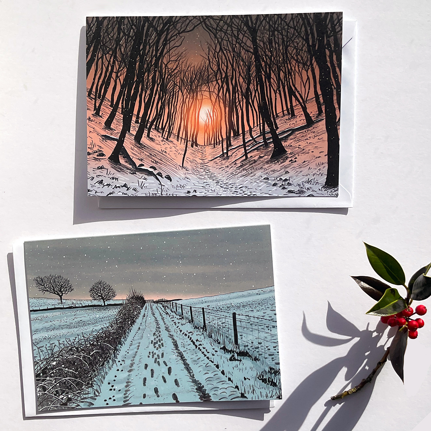 Woodland Sunset and Footsteps in the snow