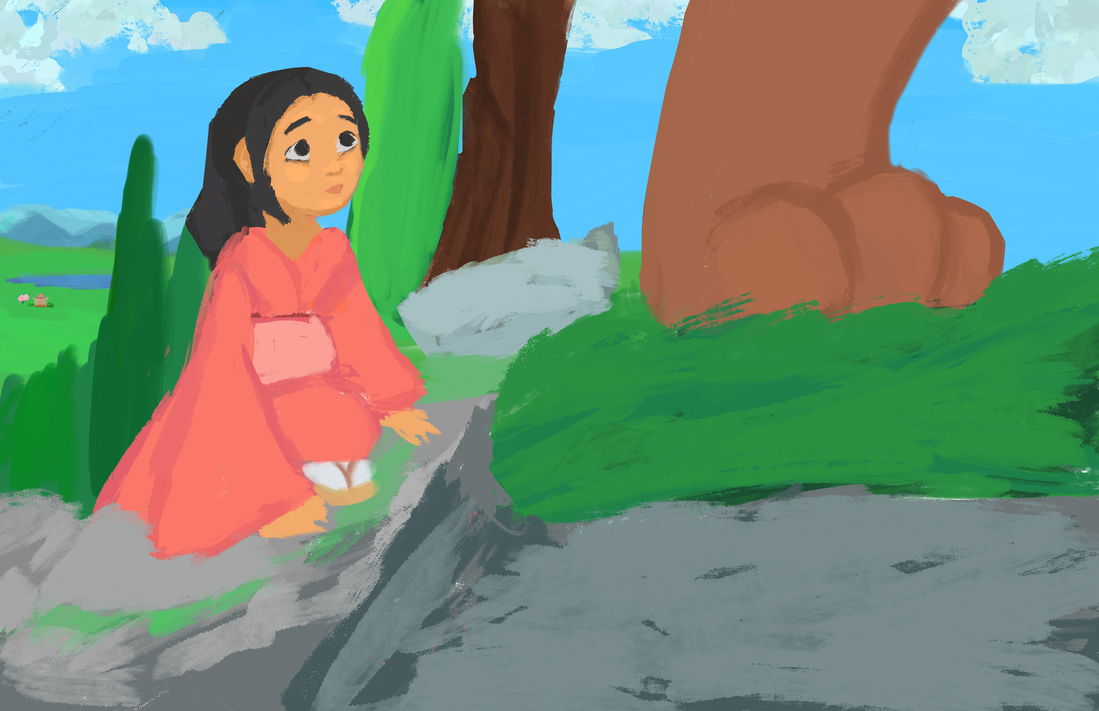 Meanwhile, the spirit led the girl away from the forest and farther up the mountain. With each step, her unease grew.