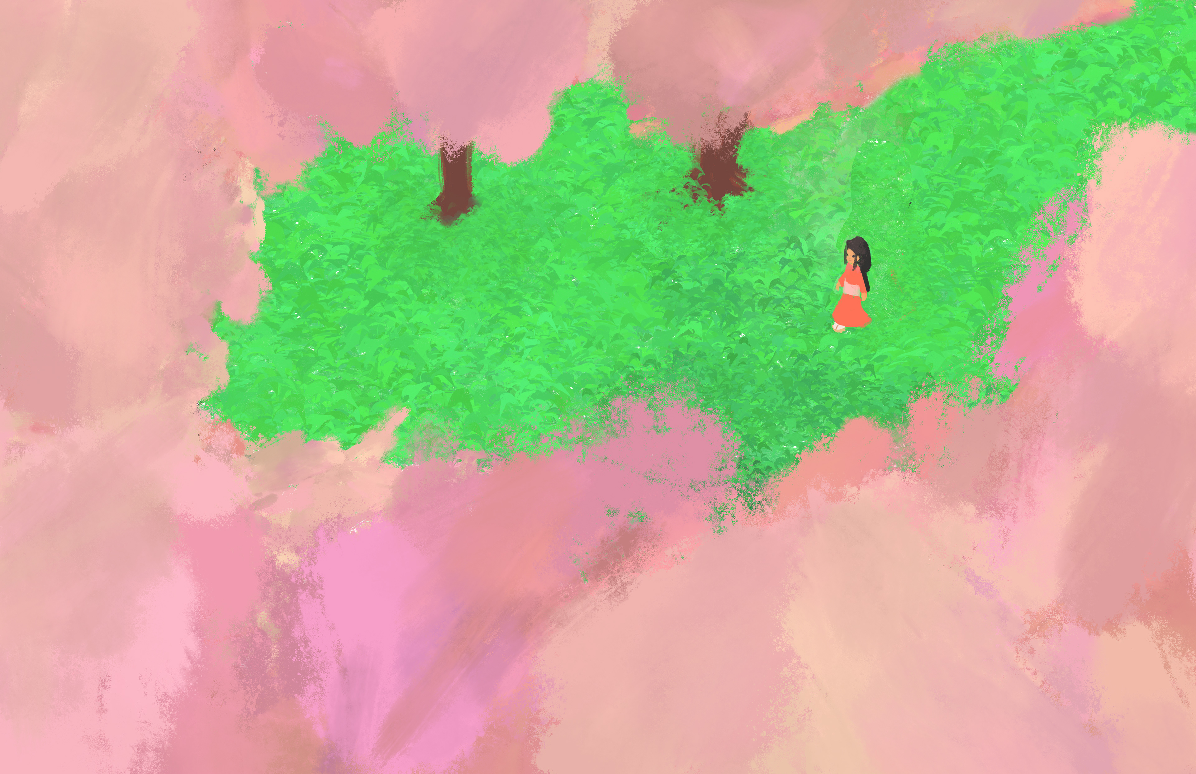 The girl strolled beneath the cherry blossom trees on her way toward the woods.