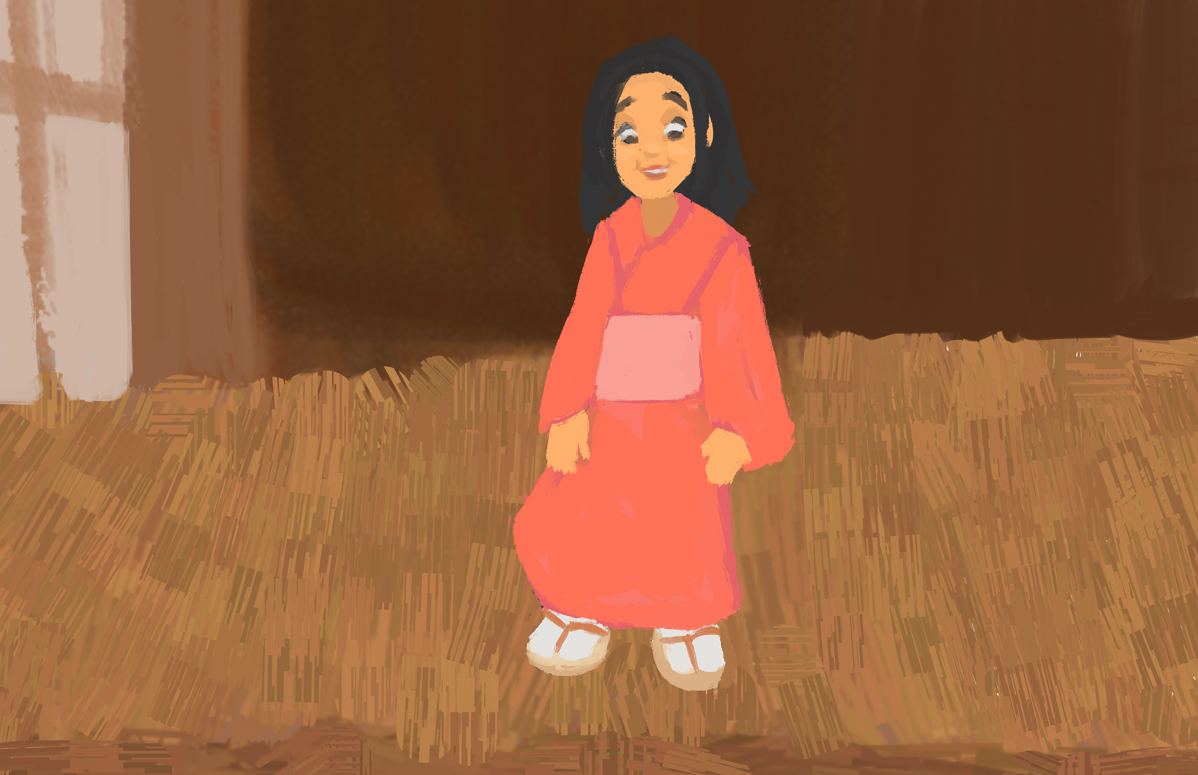 The girl beamed, delighted by her new sandals.