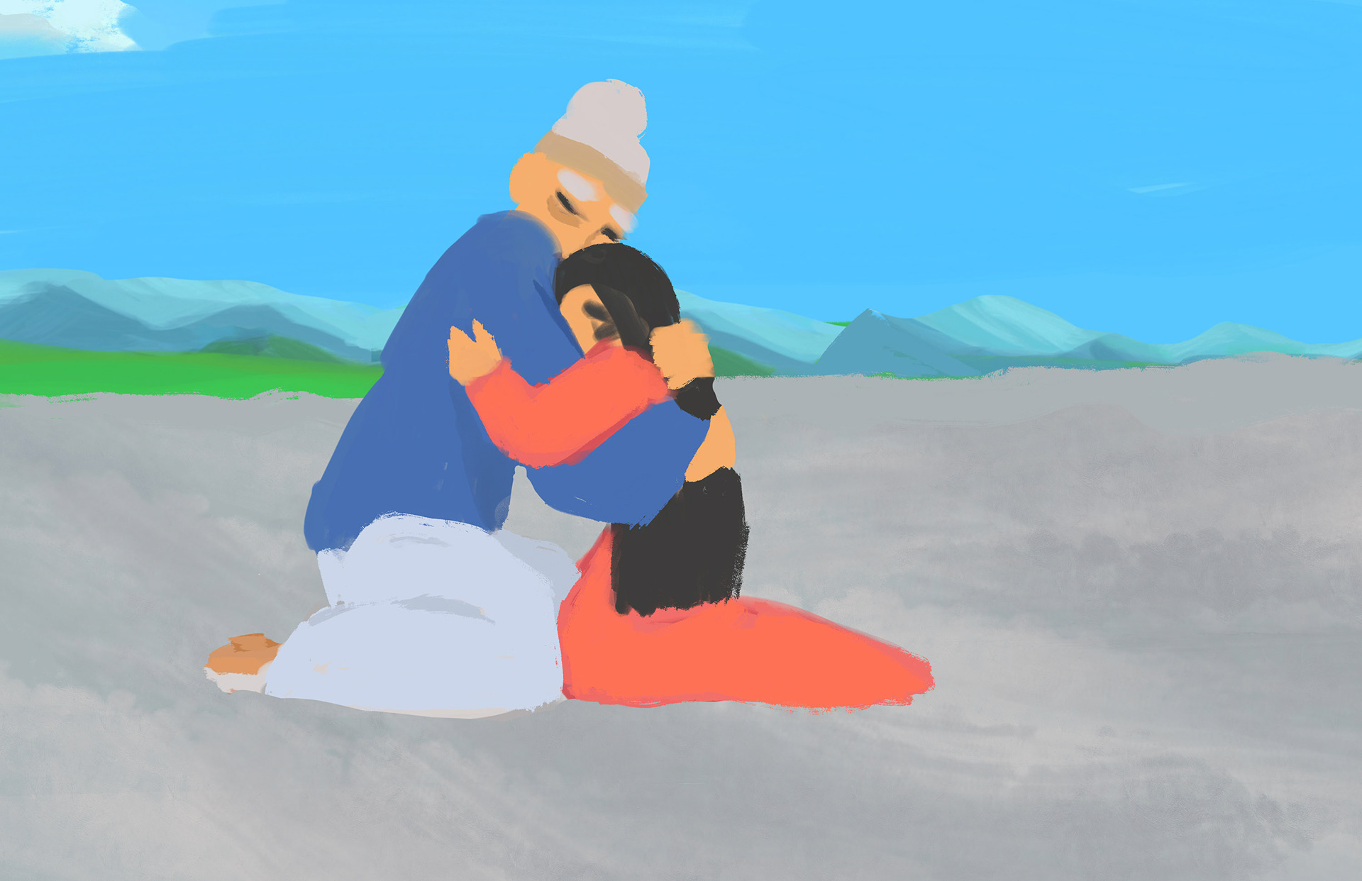 The daughter rushed to the carpenter and they embraced.