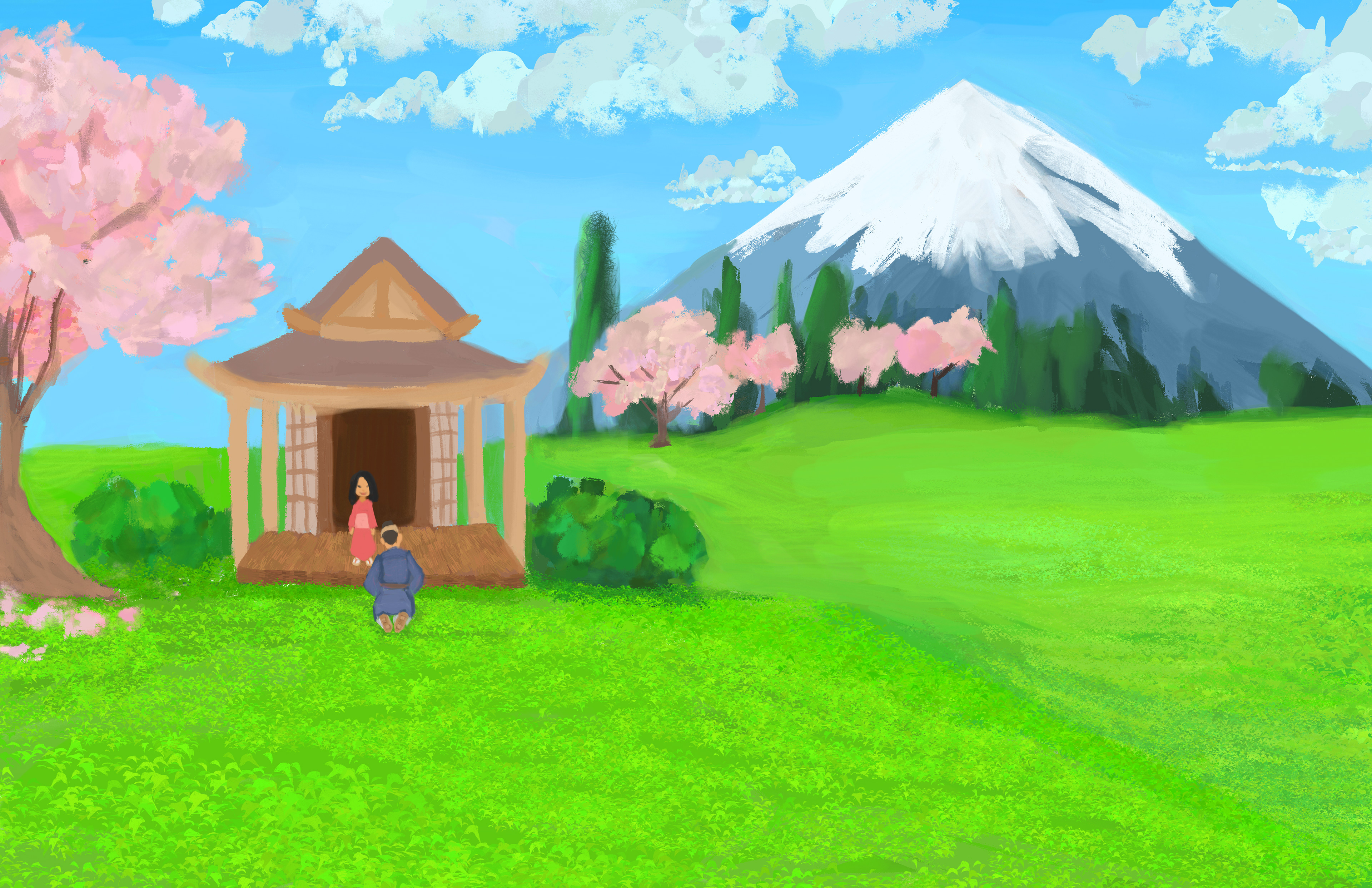 There once lived a widowed carpenter and his young daughter, dwelling near the woods at the foot of a mystical mountain.