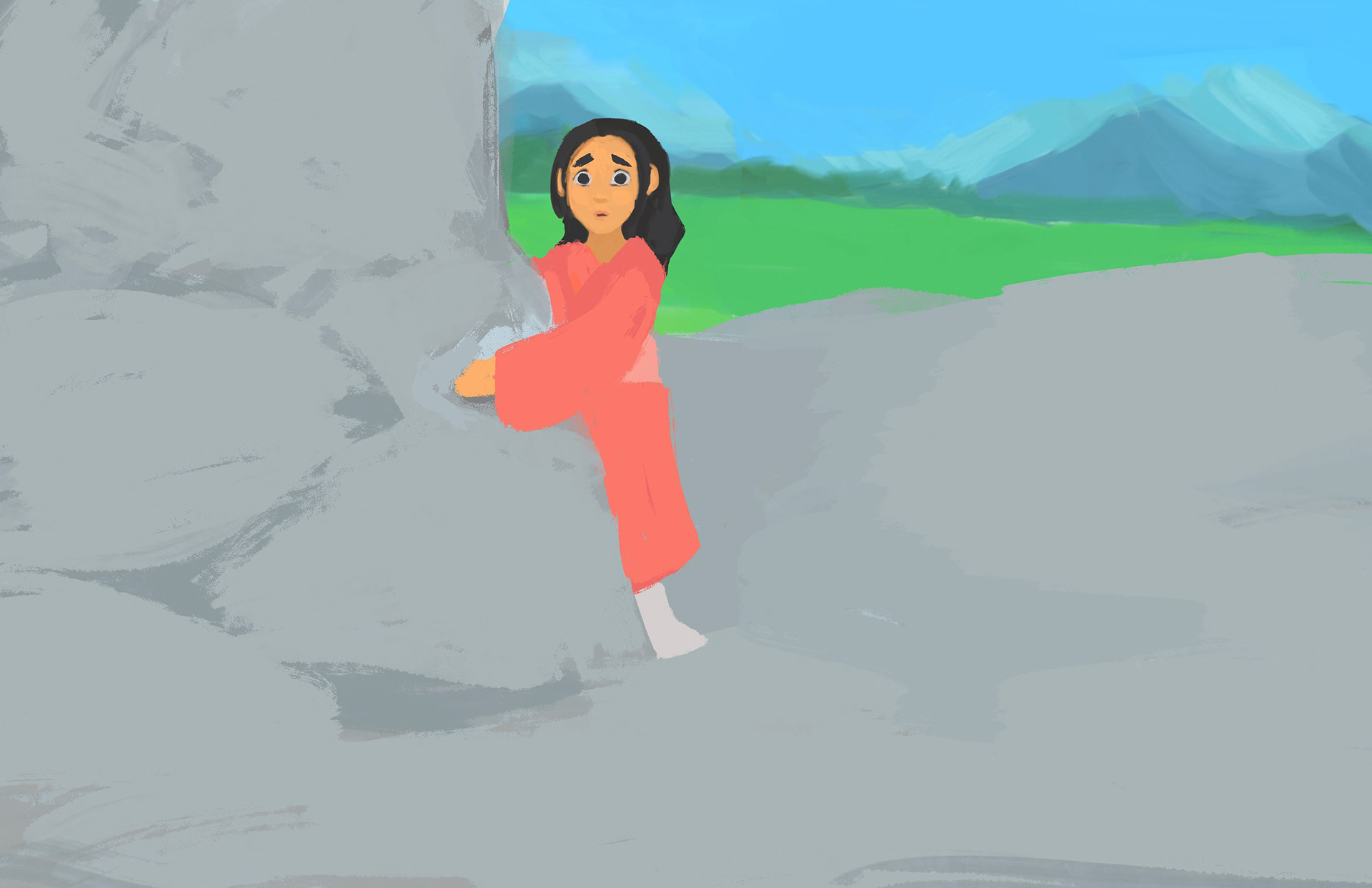 He looks ahead to see his daughter standing before him, still young and radiant, preserved by the mountain spirit’s magic. 