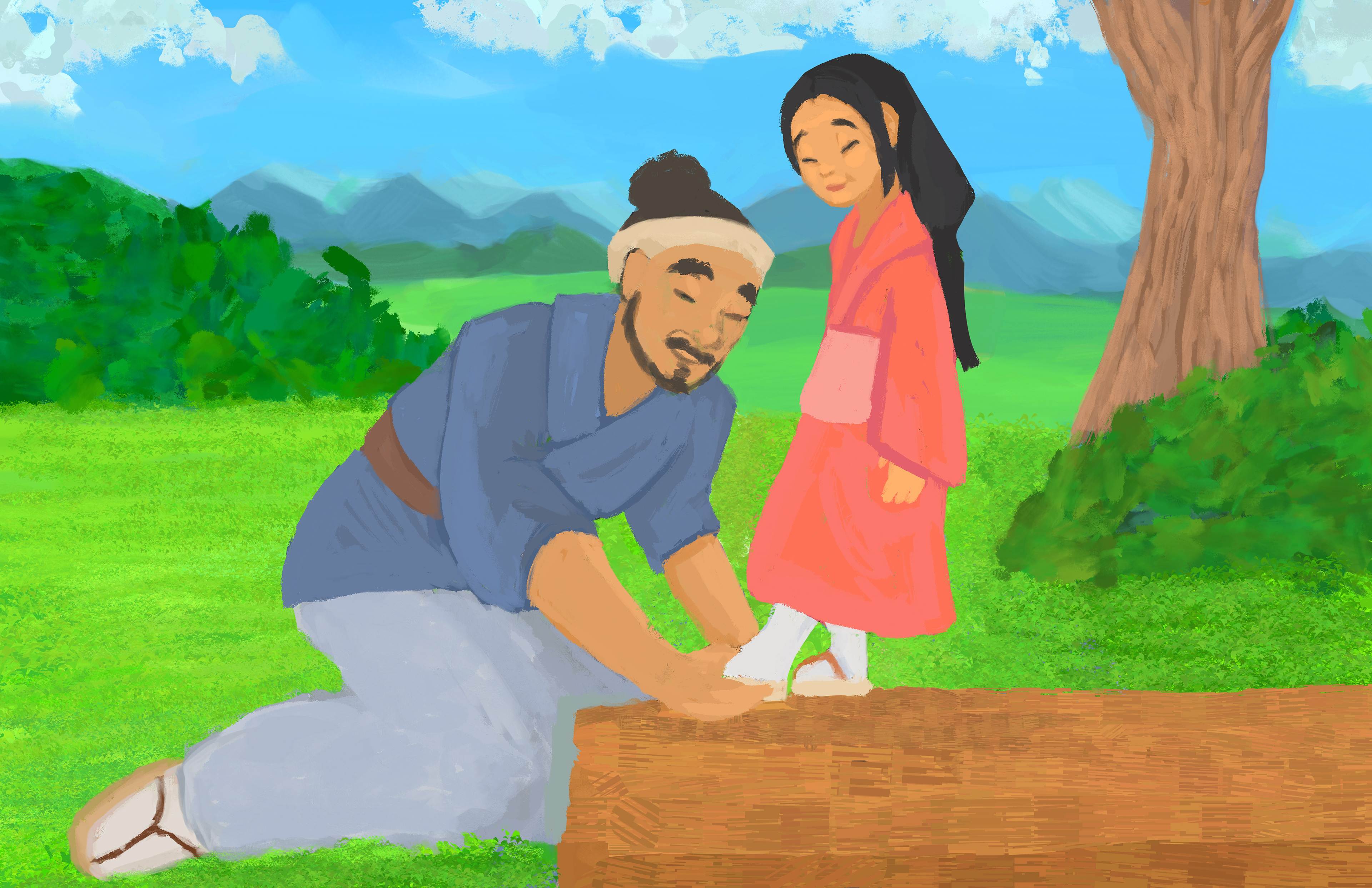 He slipped a newly carved sandal onto his daughter’s foot.