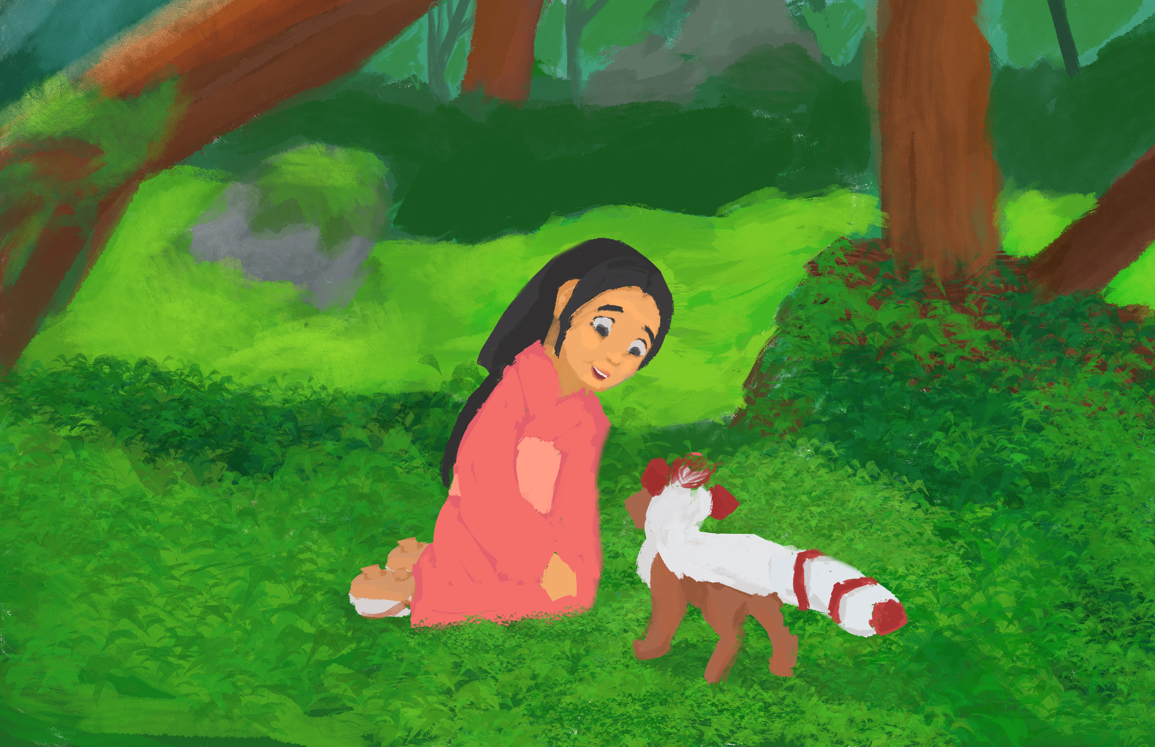 The spirit approached her gently, and the girl knelt to greet it.