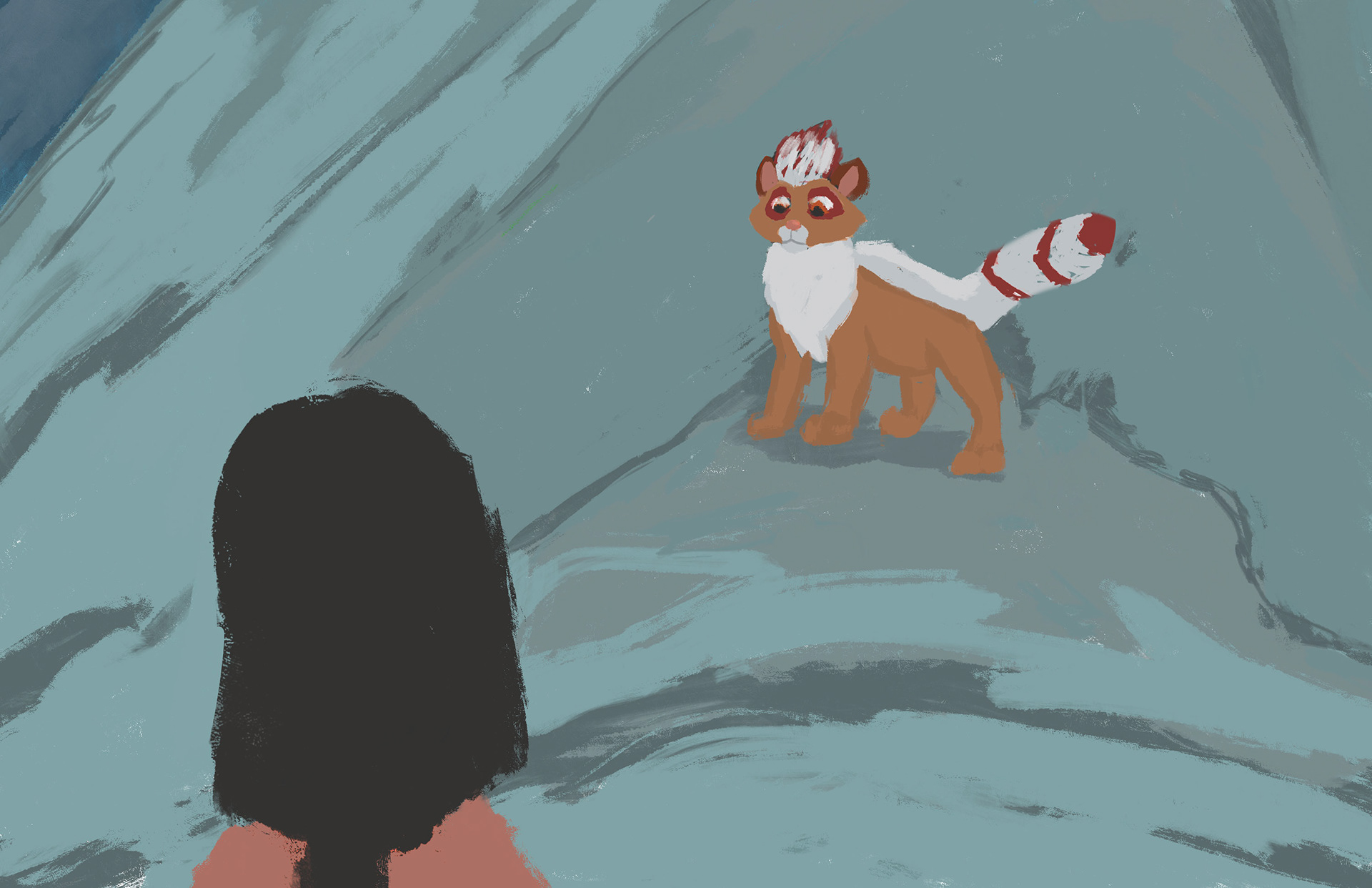 Suddenly, darkness swallowed the path, and the tiny spirit stopped and turned to face her.