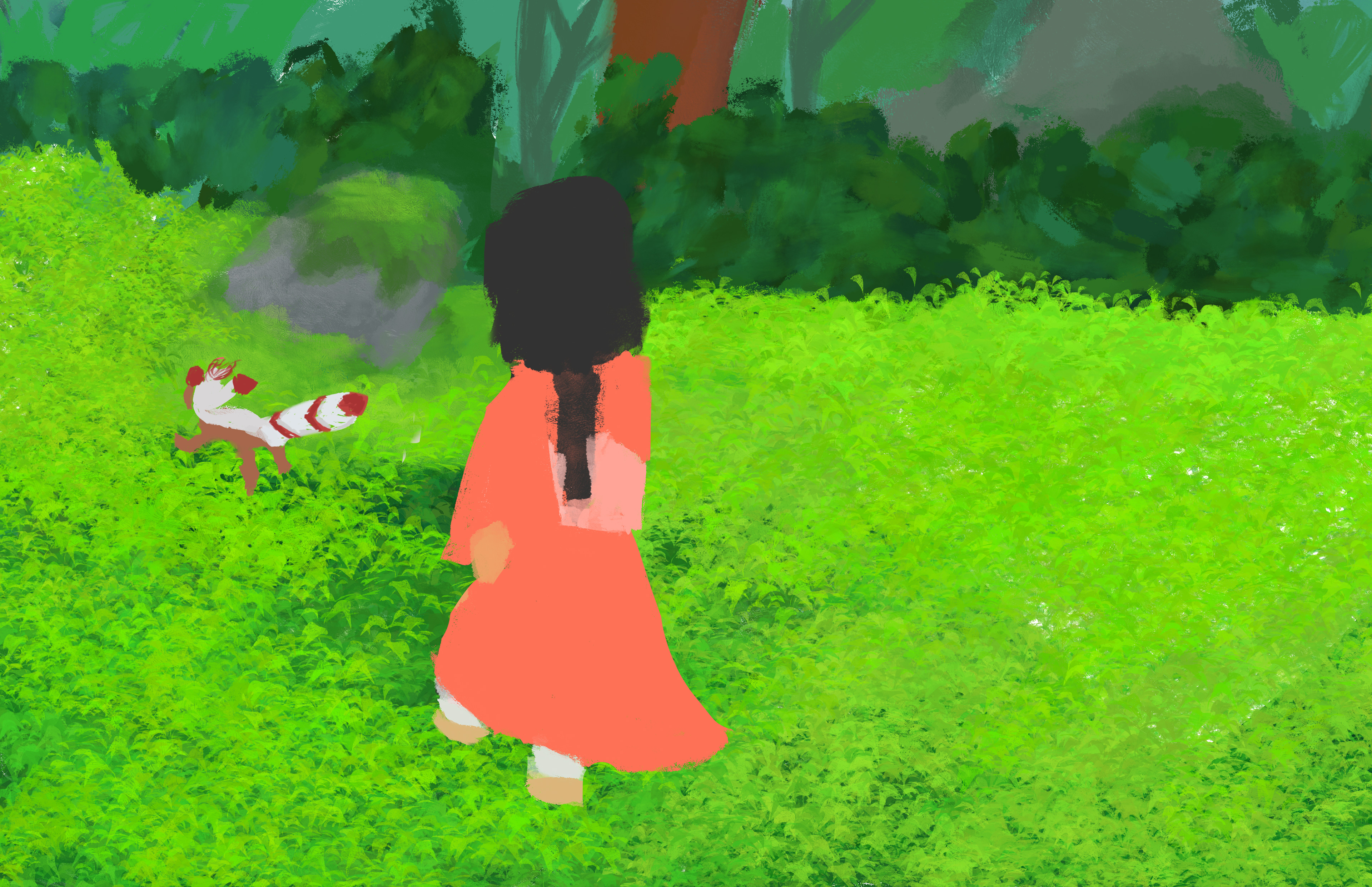 Curious and captivated, the girl followed the spirit deeper into the woods…