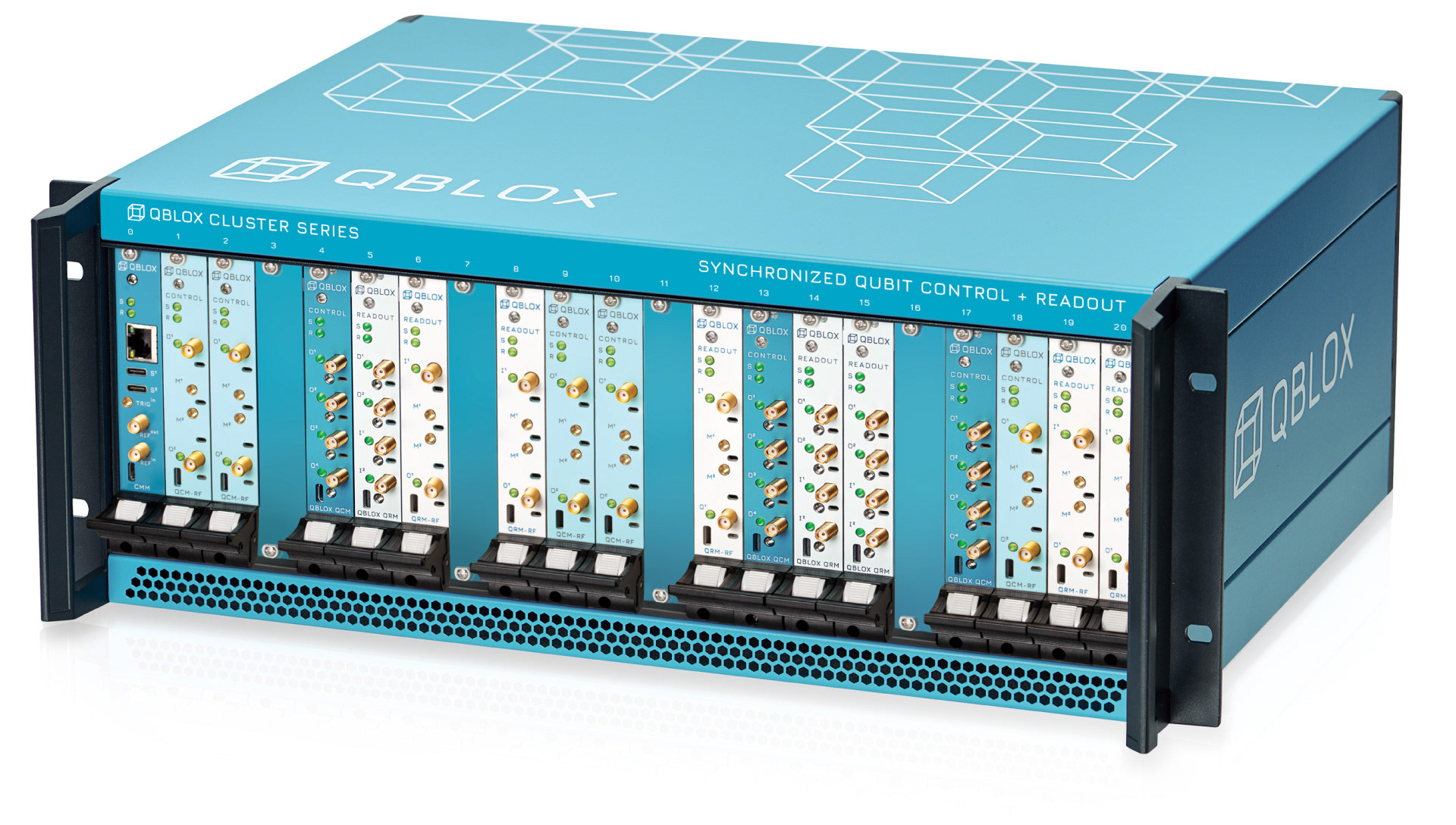 Qblox Cluster 19”-rack control stack with modular, color-specific, PCB-cartridges for quantum computing, brand design by Wouter Geense.