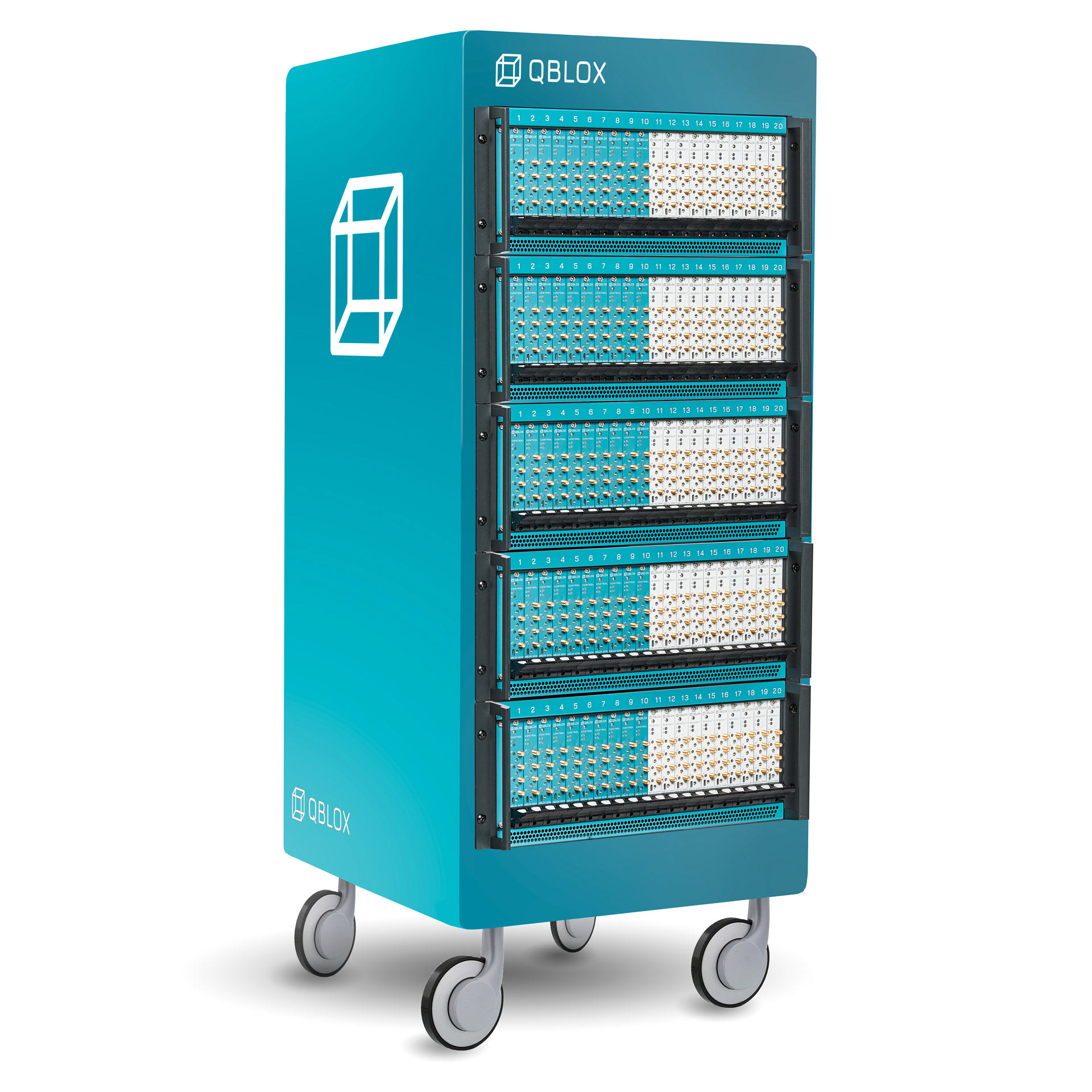 Multiple Qblox Cluster control stacks for synchronized quantum computation with increased numbers of qubits combined in one Lab-trolley.