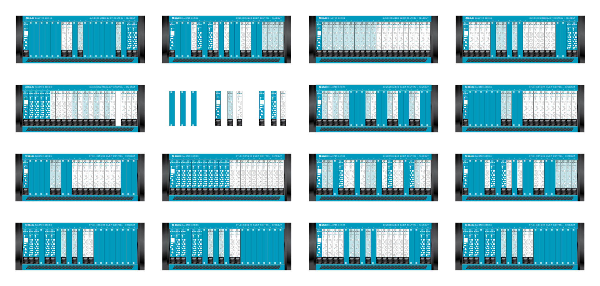 Qblox 19”-rack Clusters maintaining product identity under various application-specific qubit set-ups, brand identity by Wouter Geense.