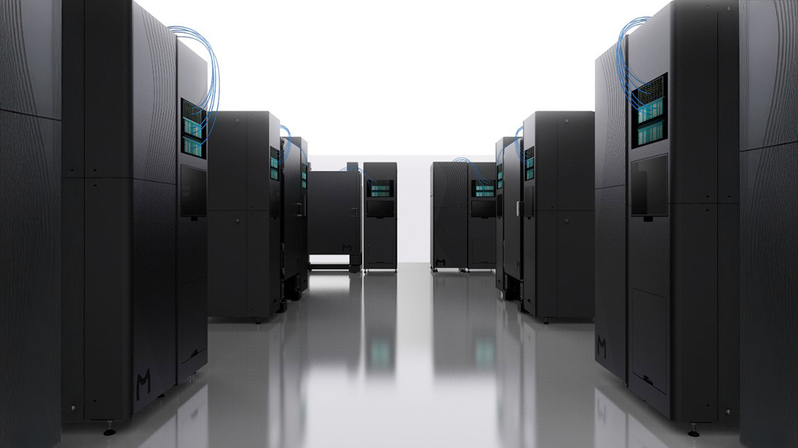 3D visual by Maybell Quantum of multiple System One cryogenic dilution fridges with mounted Qblox Cluster control stacks.