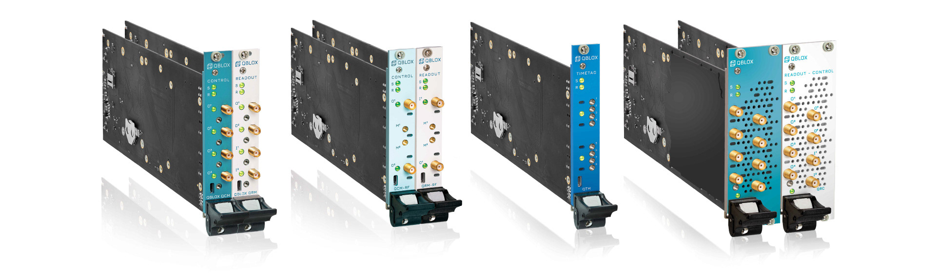 Qblox Cluster 19”-rack control stack PCB-cartridge modules for quantum computing, brand identity and hardware design by Wouter Geense.