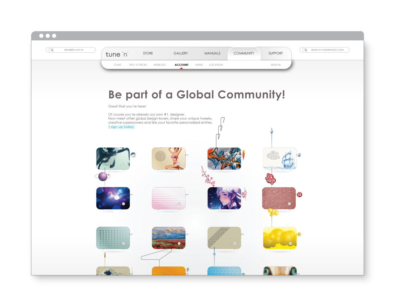 digital designs and gtm / product marketing strategy for tuneinradio.com combining online community development with ecommerce platform by wouter geense
