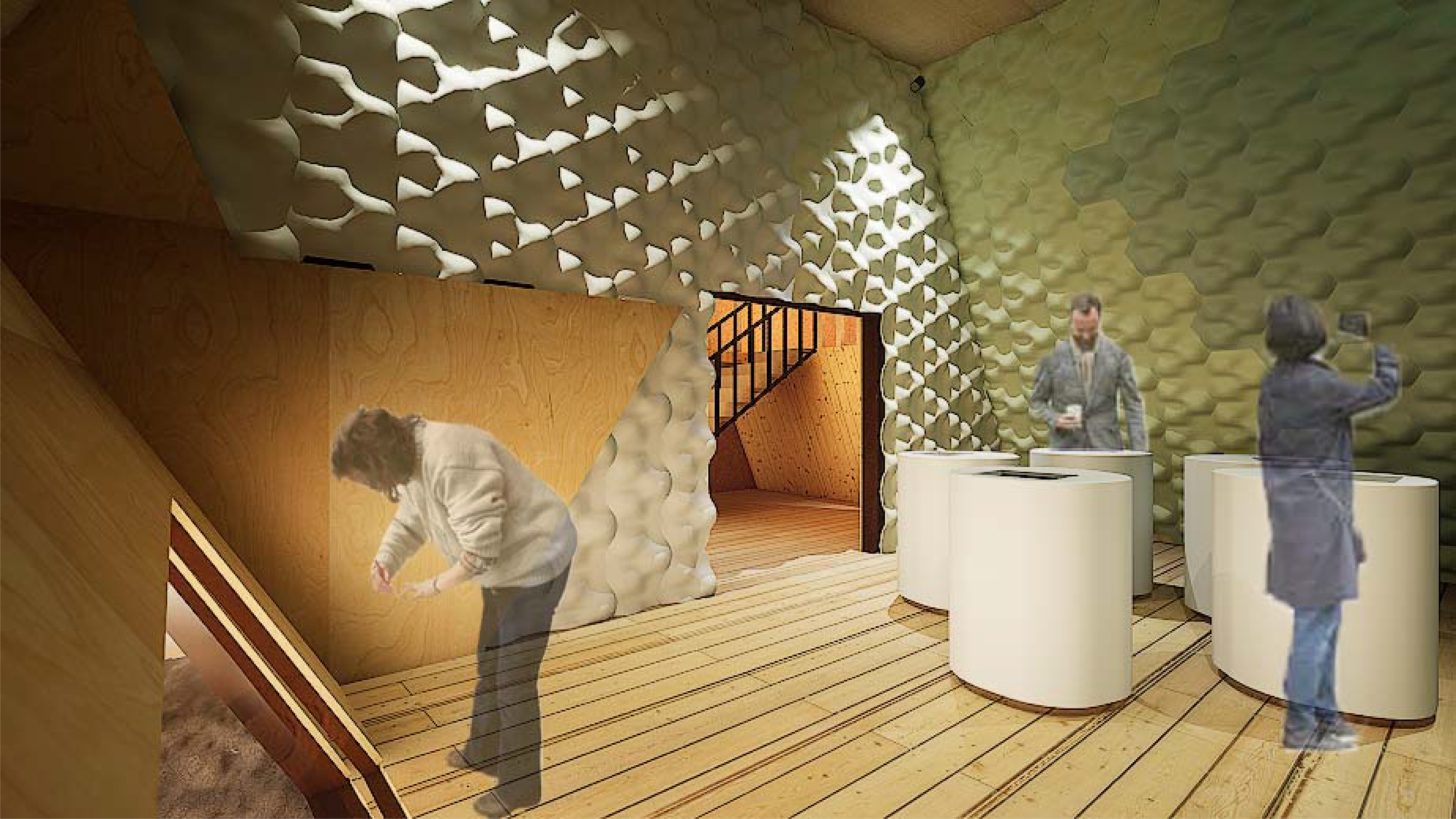 Bio-Lab: Visitors will see stairs going up and a bio-lab next to it. In the bio lab, people will discover the return of biodiversity by looking screens. Mycelium acoustic wall helps visitors to feel nature is alive. There are cameras on the ground showing the live recordings from outside on the screen.