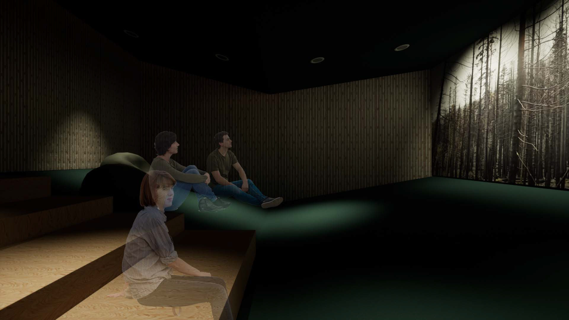 Screen room: Next to the bio lab, people will walk a bit down to see the video streaming of what had happened to the area before. The room is filled with pet felt acoustic panels will absorb sounds, and floor is tilting here where people can lean back sit on bean bag chairs.