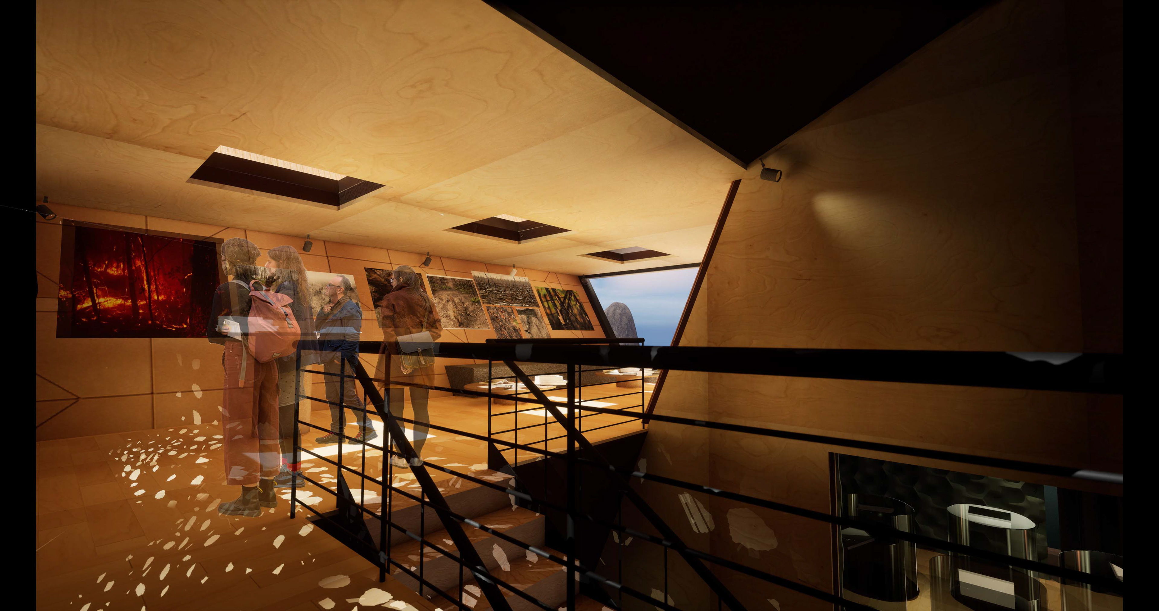 Library: When people go up to the second floor, they would see the timeline of forest, and see the forest by the window. The use of light toned materials give hope in the library. I’m making the space feel like a gallery, and the space where people also can sit down next to the window reading books and relax.