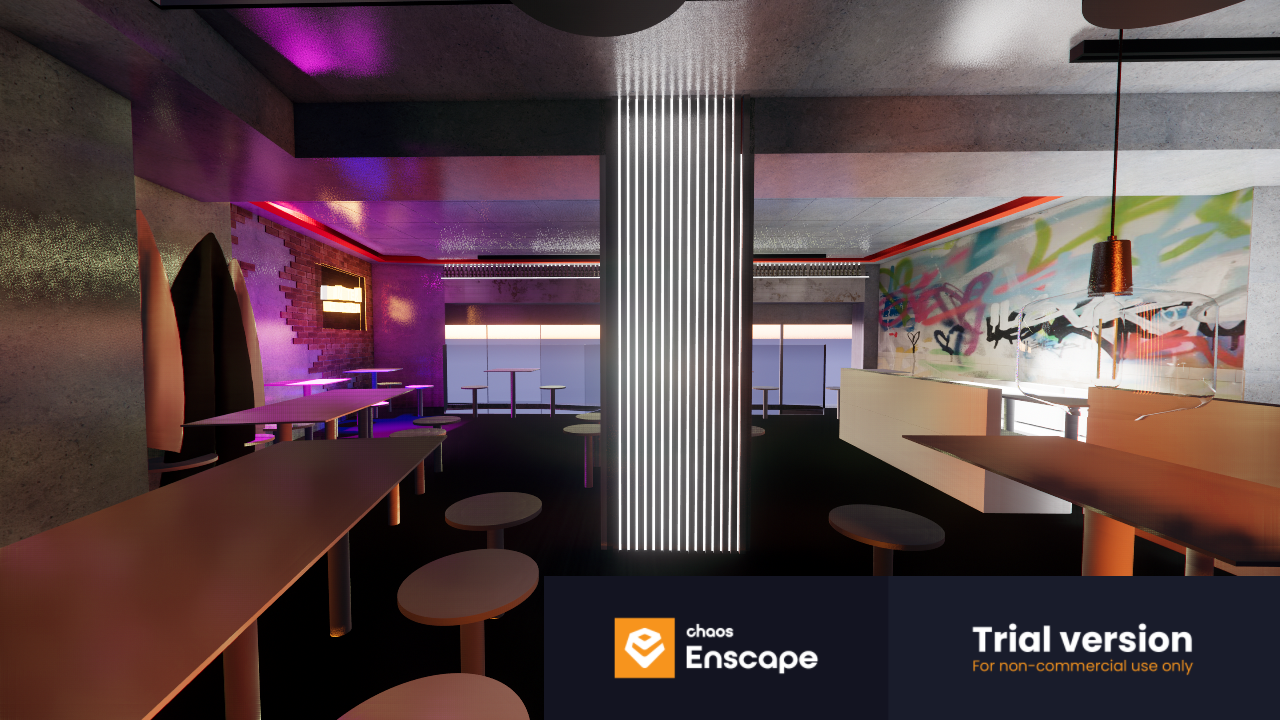 Second floor, art walls, monster-shaped wall with colorful LED lights.