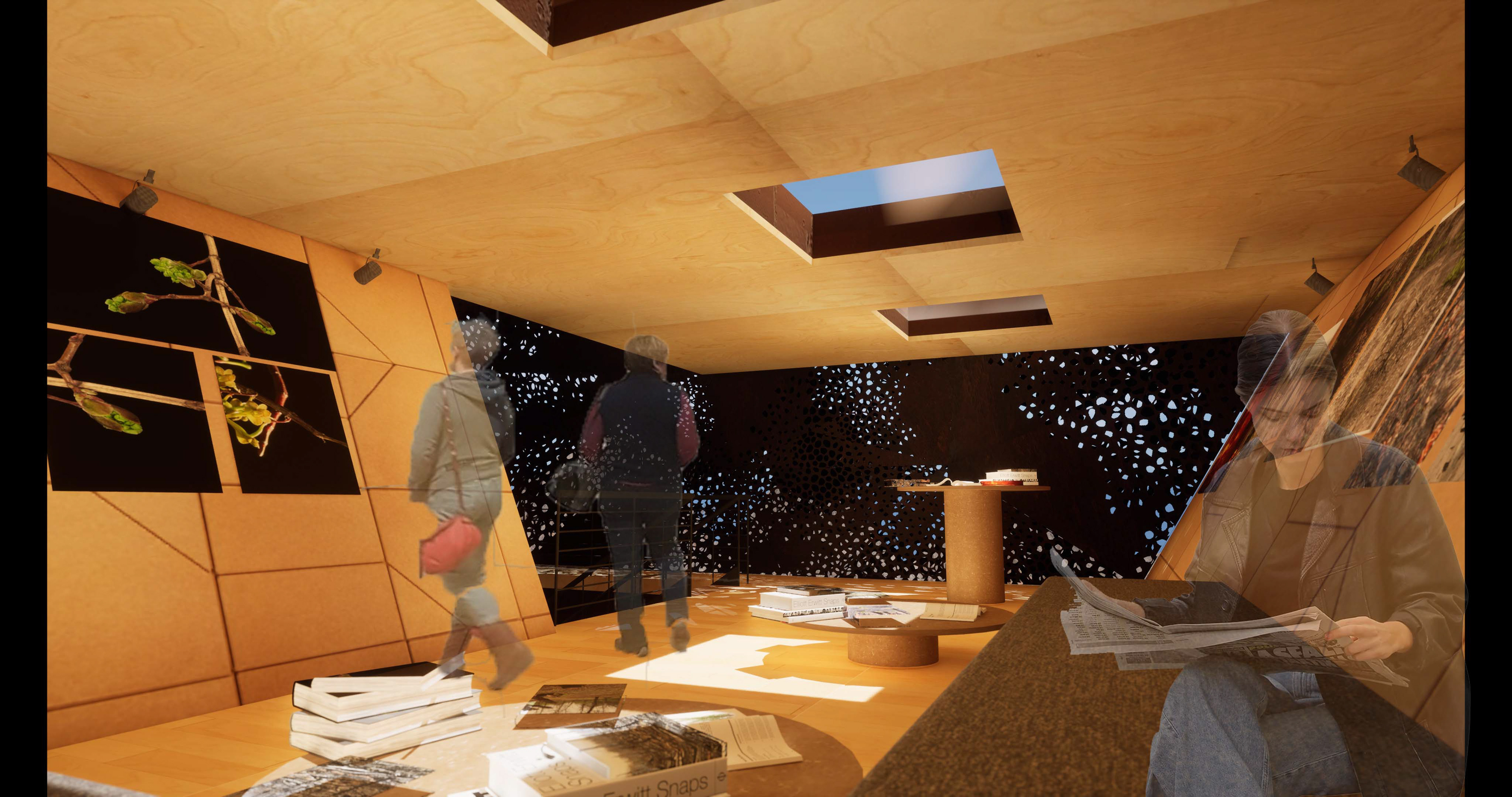 Library: On the other side of the library, visitors will see the sun lights come in through the facade.
