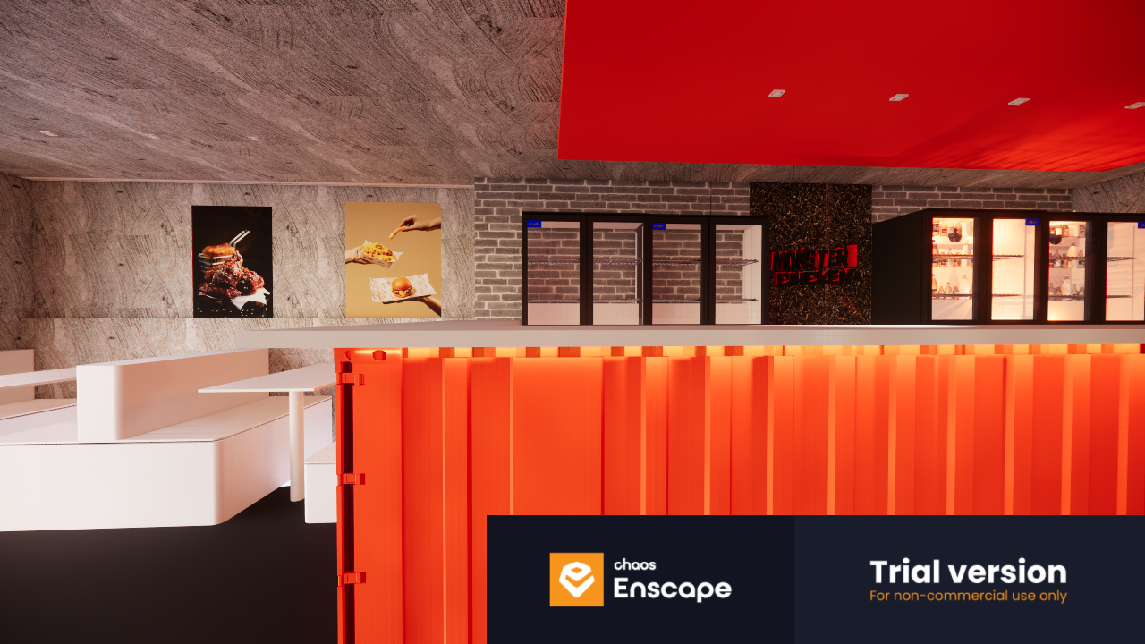 First floor, drink fridges are showing at the counter to be more attractive. Orange colors are used top and bottom of the counter(check-out)..