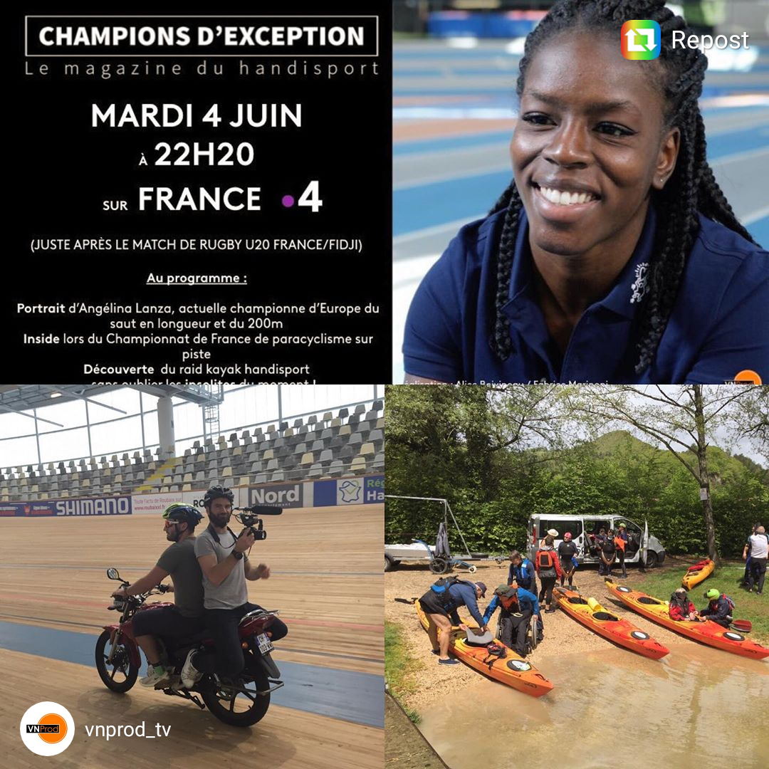 Diffusion le mardi 4 juin d'un nouveau numéro de CHAMPIONS D'EXCEPTION sur France 4 à 22h20. Sous la direction d'Alice Boivineau, j'ai pu filmer les disciplines de vélo indoor et de kayak pratiquées par des athlètes handisport.