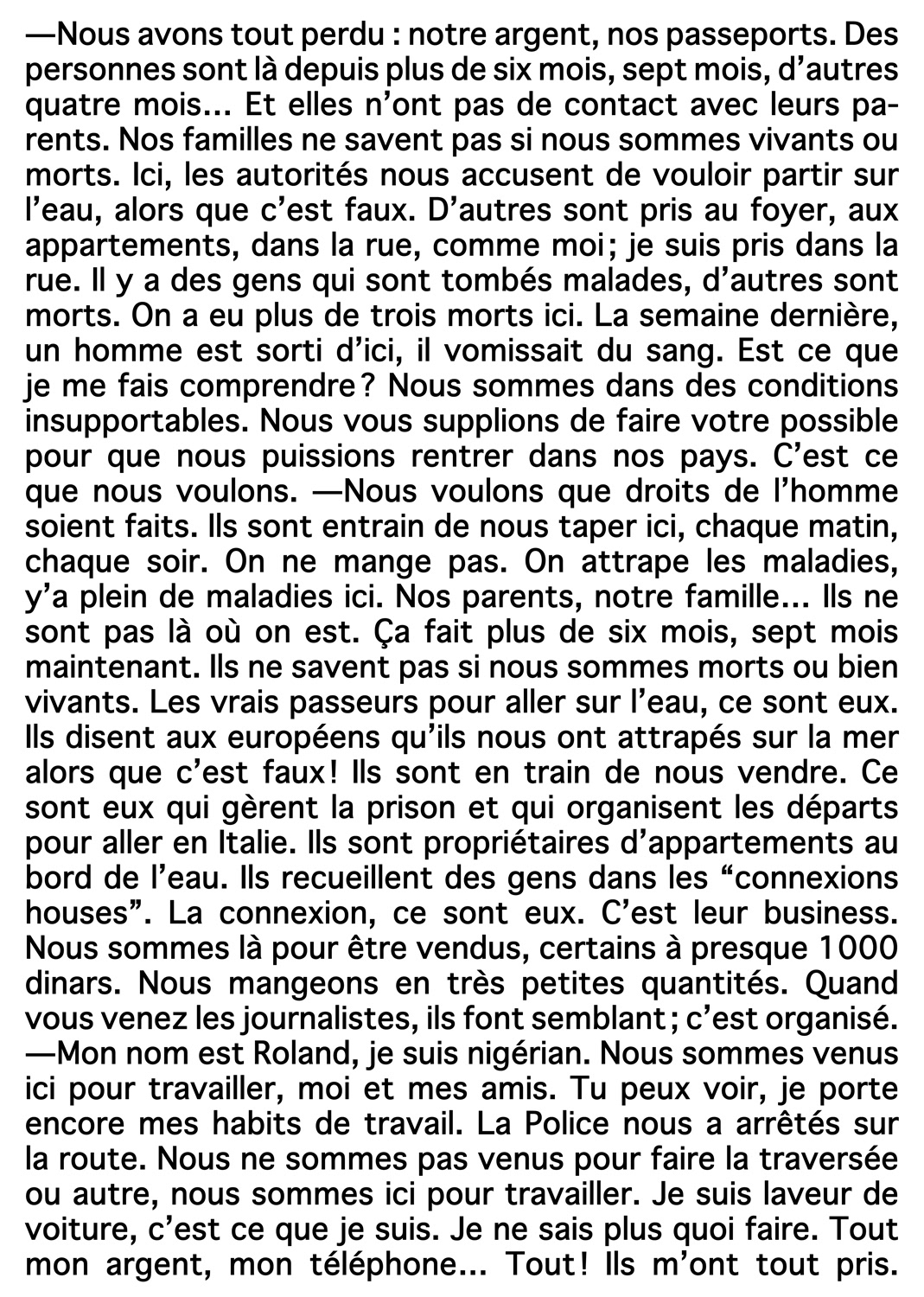 Témoignages, centre de détention de Zaouia (2014)