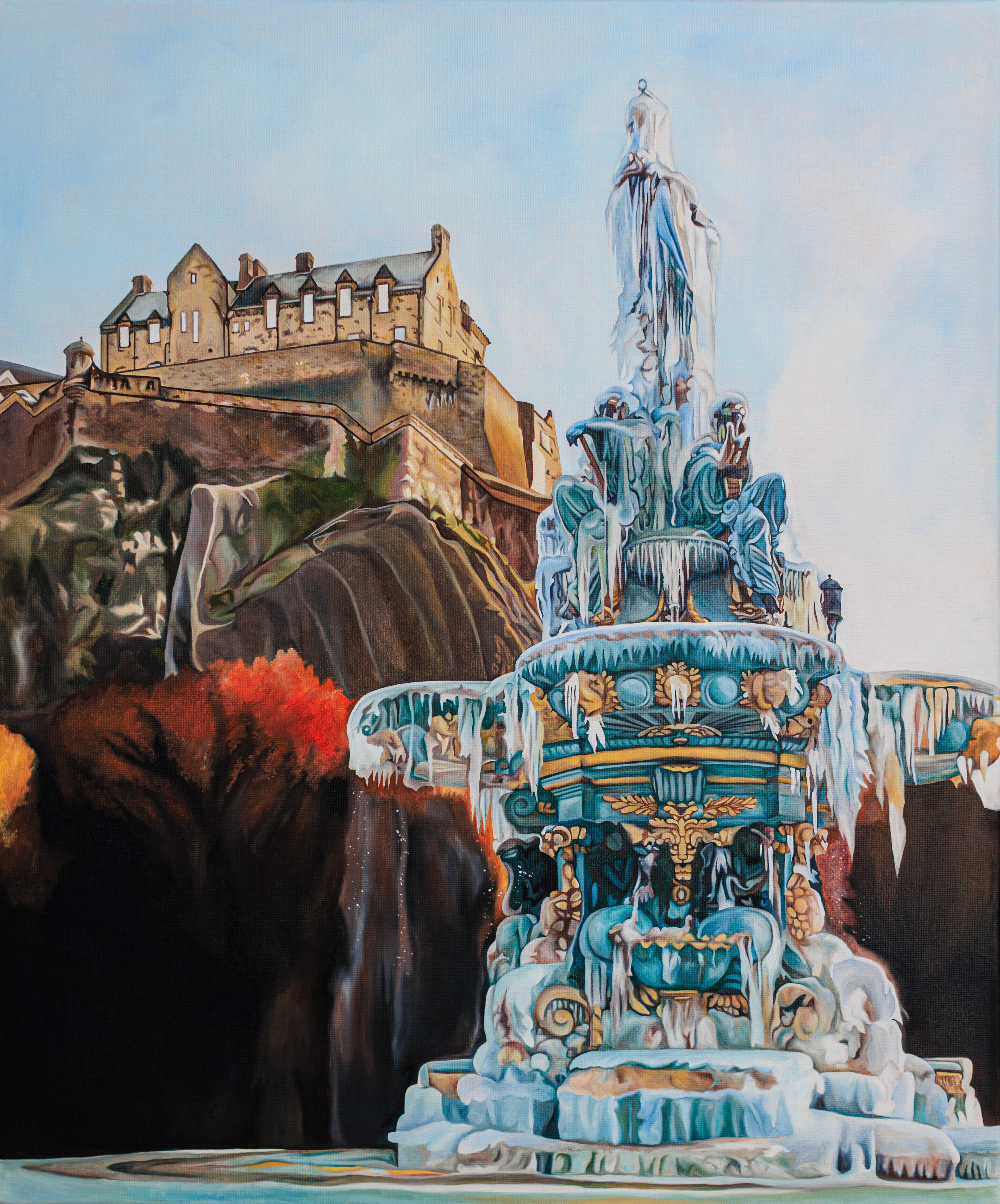 'Frozen Fountain' - Ross Fountain, Princes Street Gardens, Edinburgh. Oil on Canvas - Stylised with hyperrealistic details. 