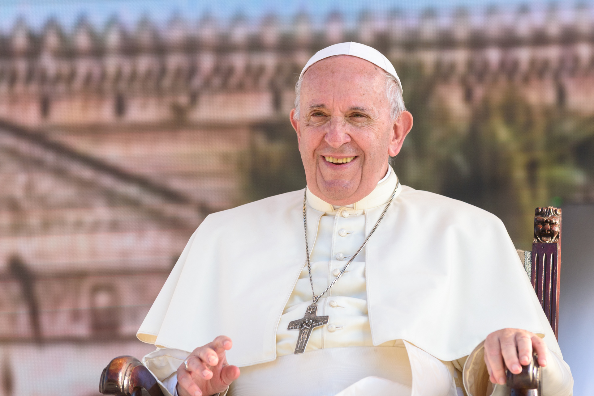 Il dolce sorriso di Papa Francesco, dal palco allestito a piazza Castelnuovo a Palermo in occasione della sua visita alla città, nel XXV del martirio di Padre Pino Puglisi. 15/09/2018.