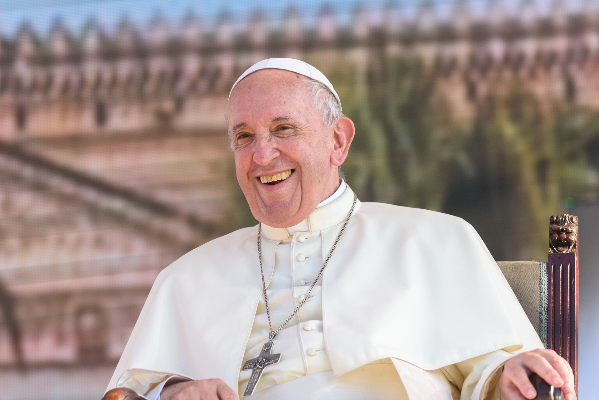 Il dolce sorriso di Papa Francesco, dal palco allestito a piazza Castelnuovo a Palermo in occasione della sua visita alla città, nel XXV del martirio di Padre Pino Puglisi. 15/09/2018.
