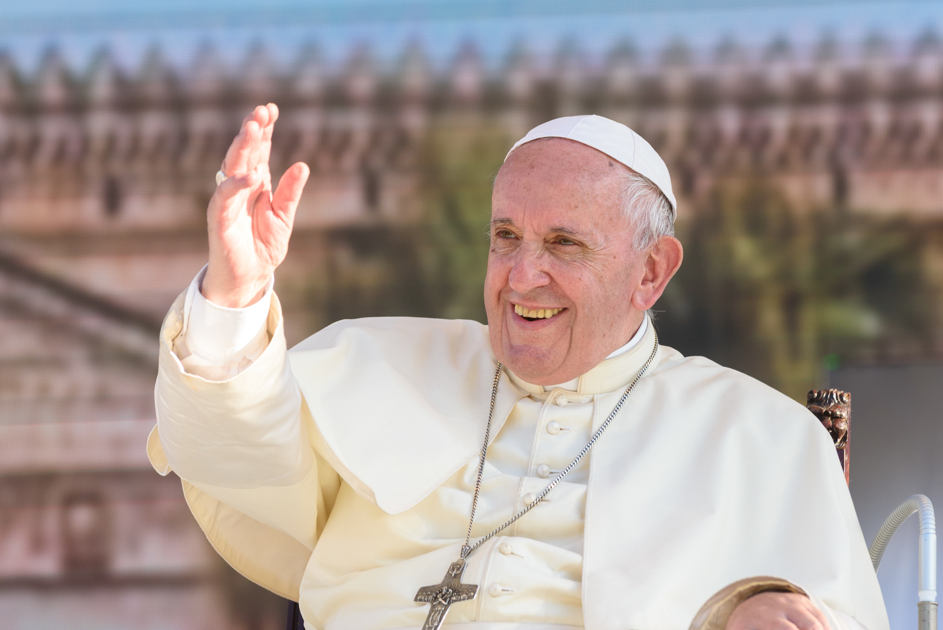 Il dolce sorriso di Papa Francesco, dal palco allestito a piazza Castelnuovo a Palermo in occasione della sua visita alla città, nel XXV del martirio di Padre Pino Puglisi. 15/09/2018.
