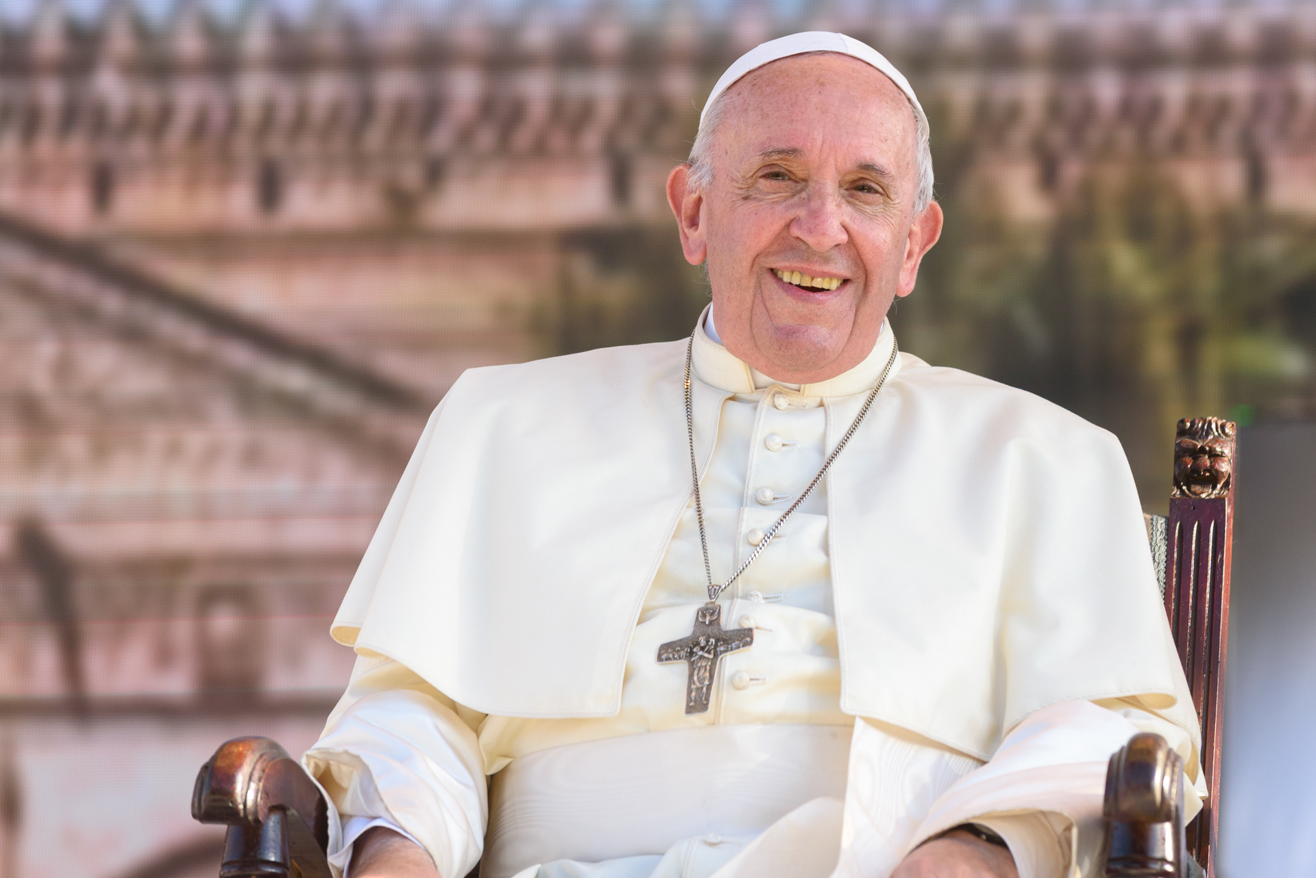 Il dolce sorriso di Papa Francesco, dal palco allestito a piazza Castelnuovo a Palermo in occasione della sua visita alla città, nel XXV del martirio di Padre Pino Puglisi. 15/09/2018.