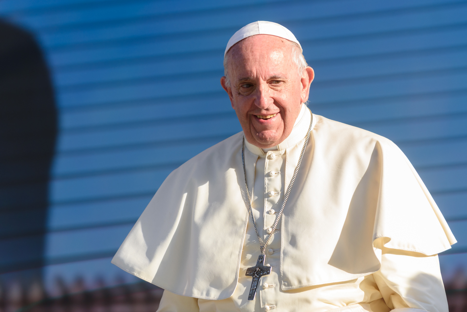 Il dolce sorriso di Papa Francesco, dal palco allestito a piazza Castelnuovo a Palermo in occasione della sua visita alla città, nel XXV del martirio di Padre Pino Puglisi. 15/09/2018.